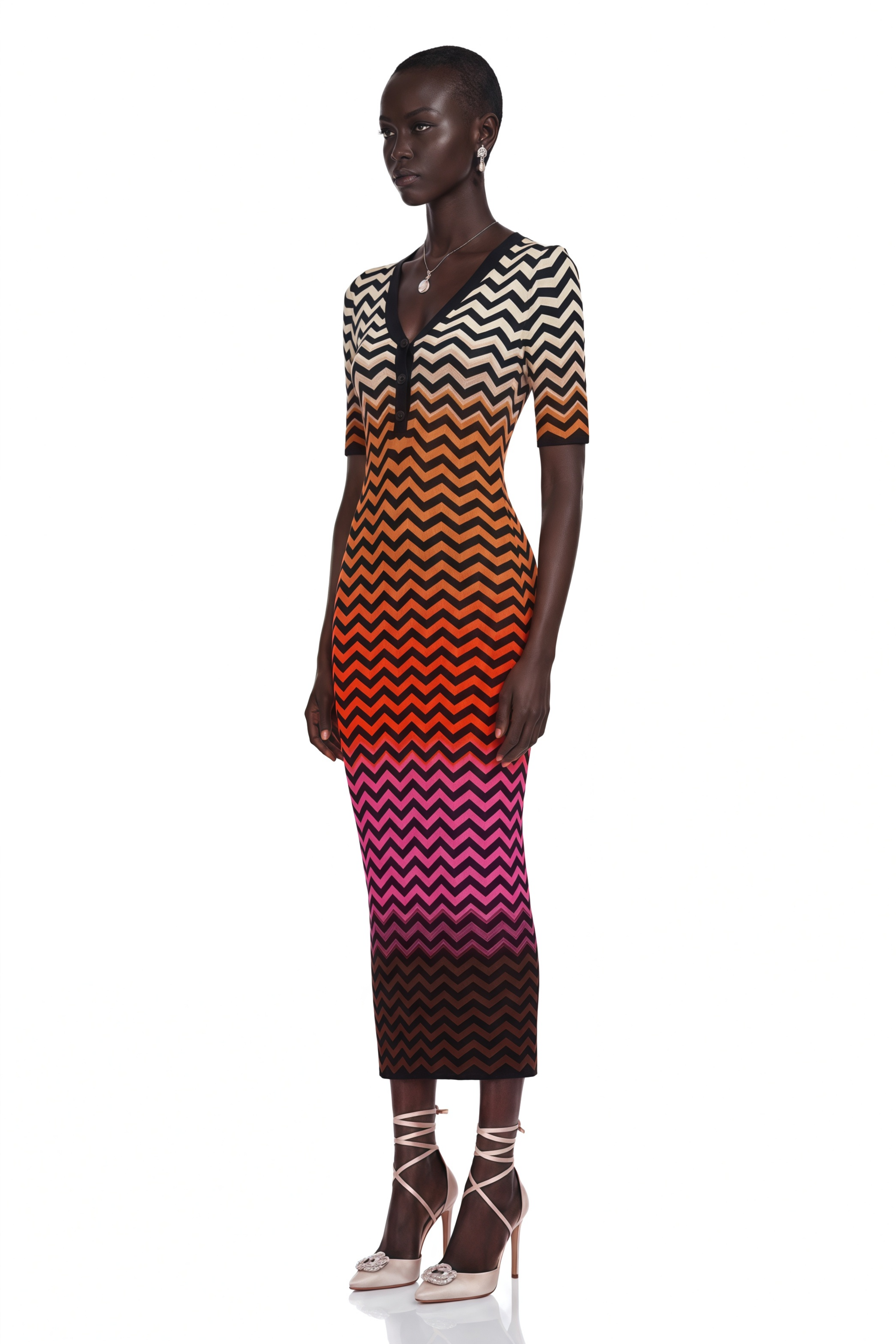Charitina Brown Gradient Zigzag Knit Midi Dress
