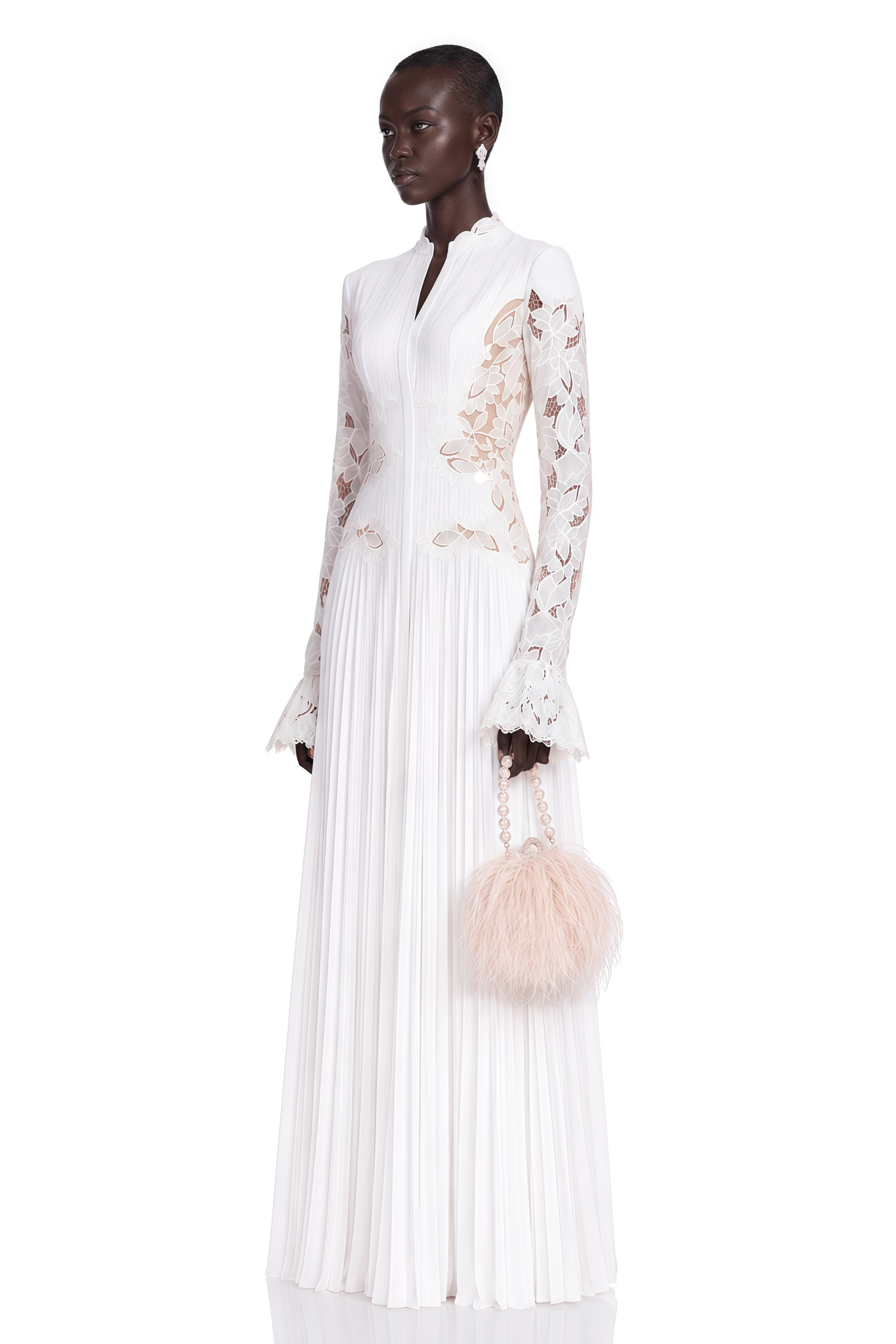 Chiara White Lace Panel Pleated Midi Dress