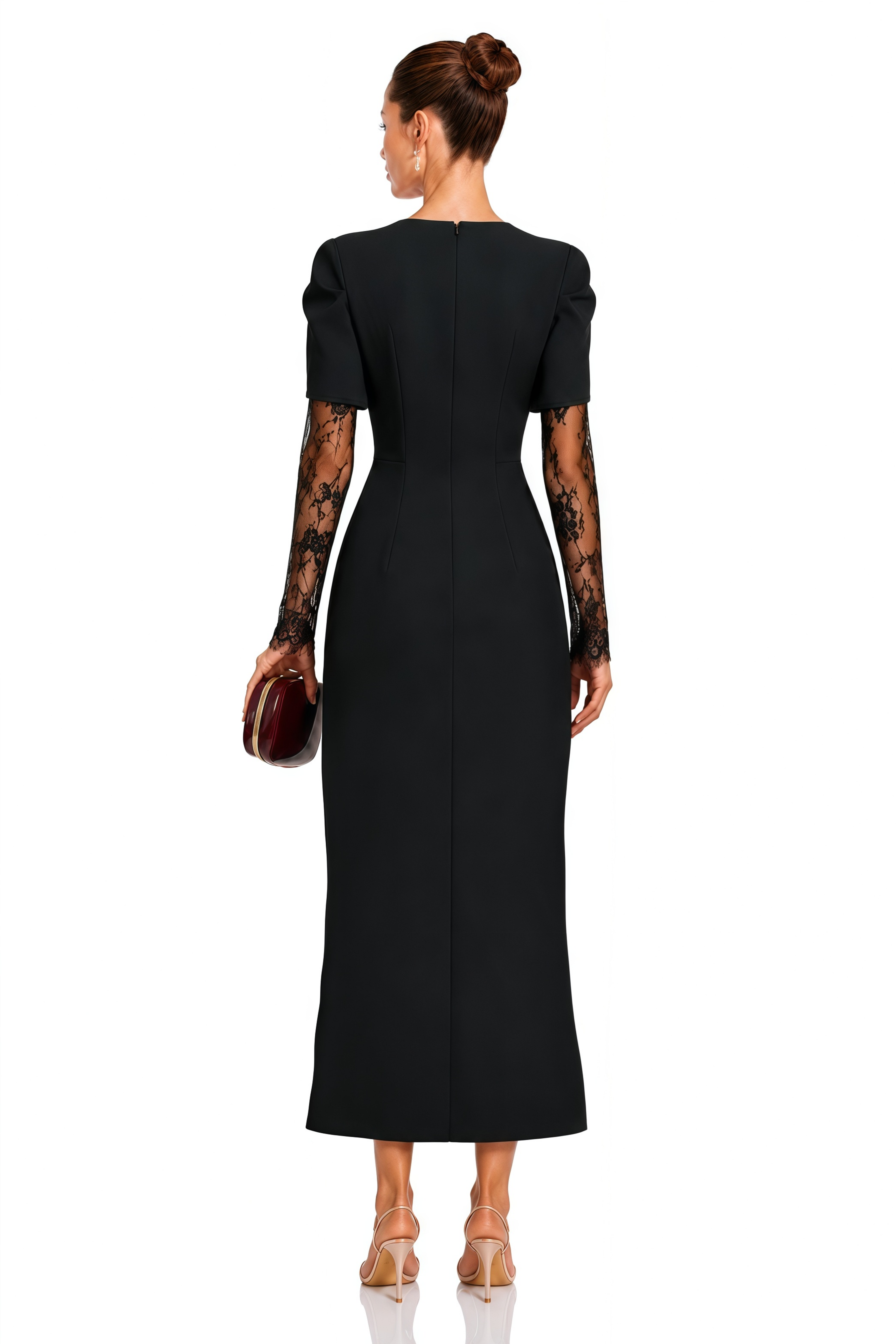Rhea Black High Slit Lace Panel Midi Dress