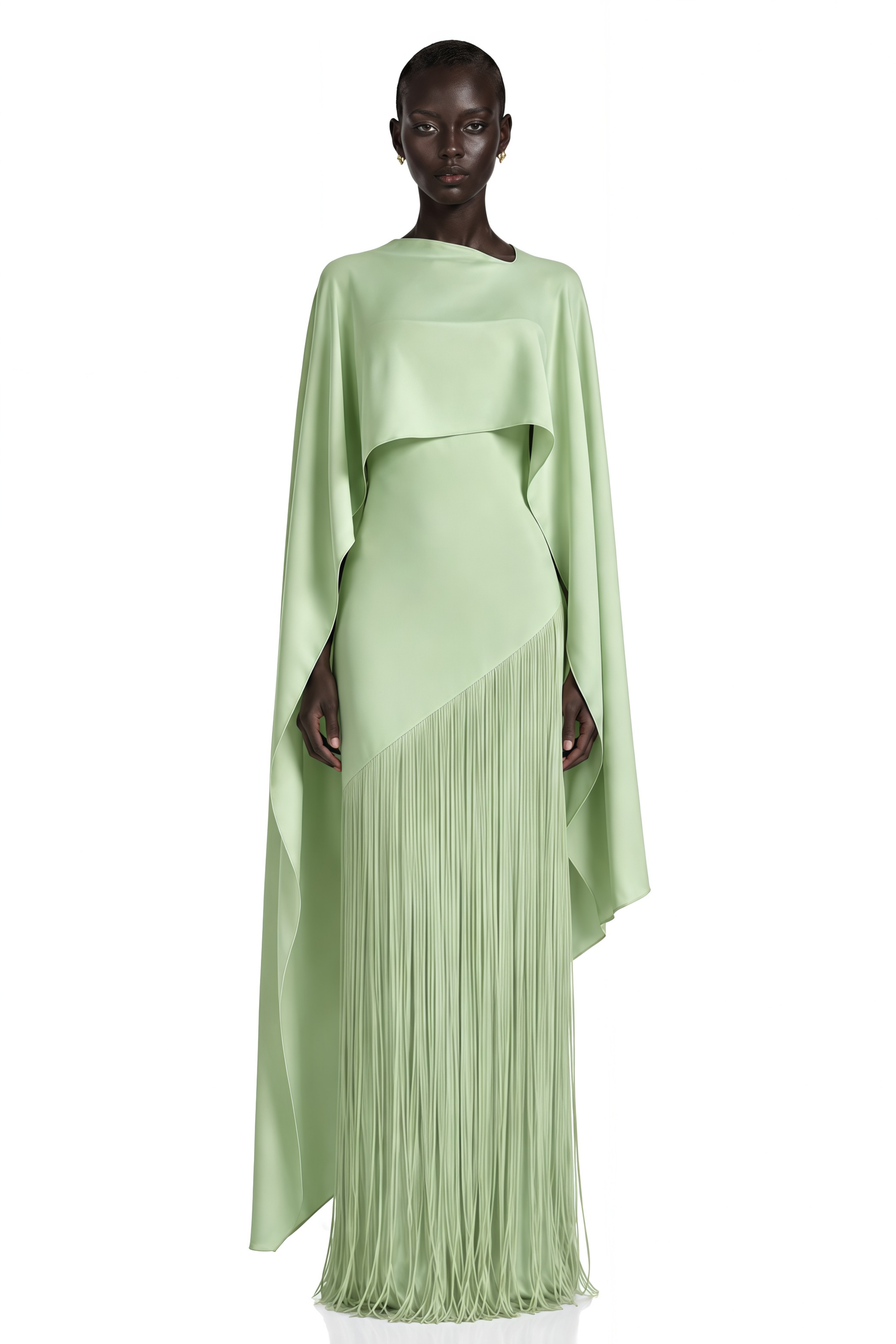Cayetana Emerald Green Fringe Maxi Dress with Cape Effect