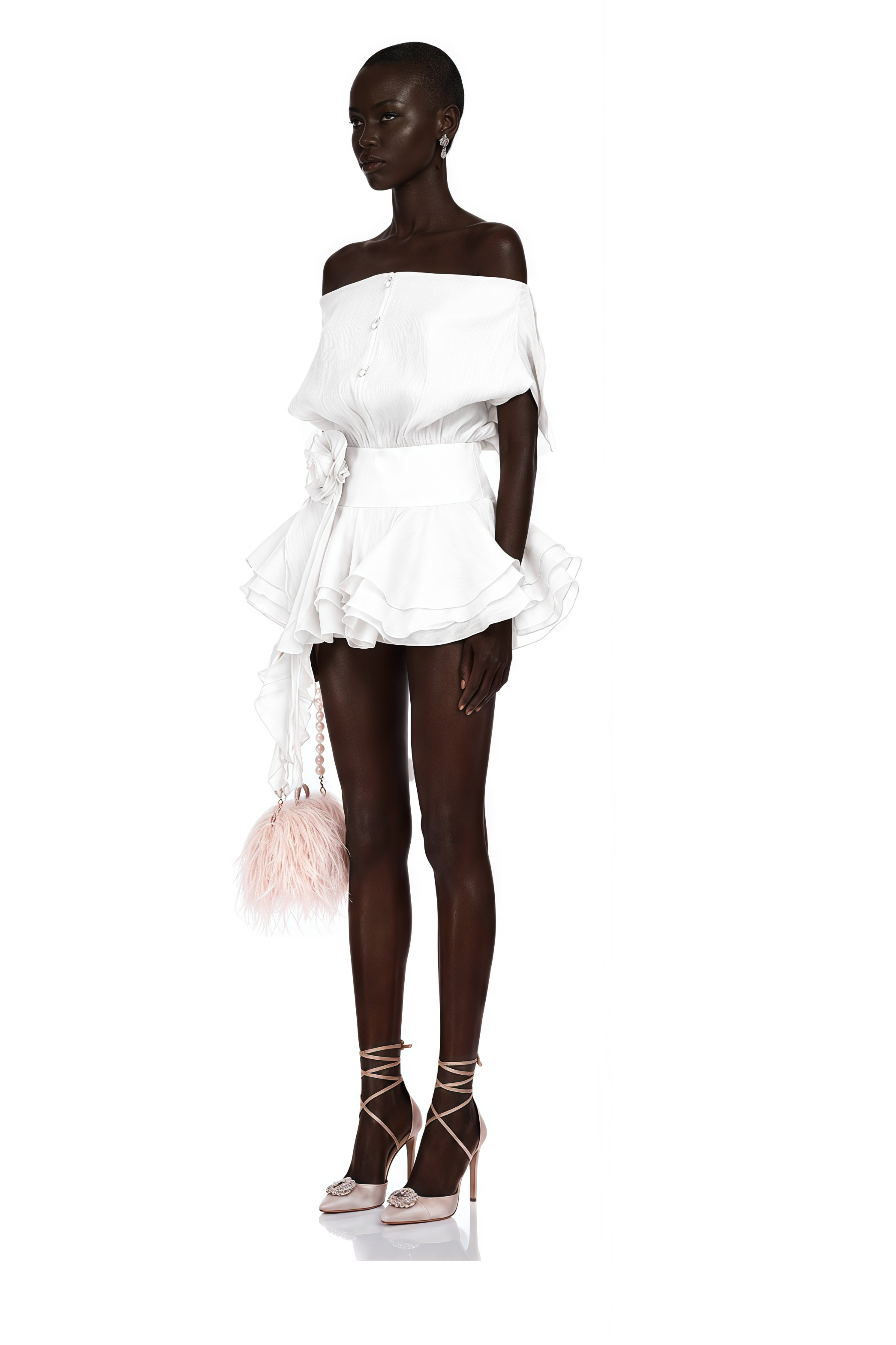 Amélie White Floral Appliqué Flounced Mini Dress