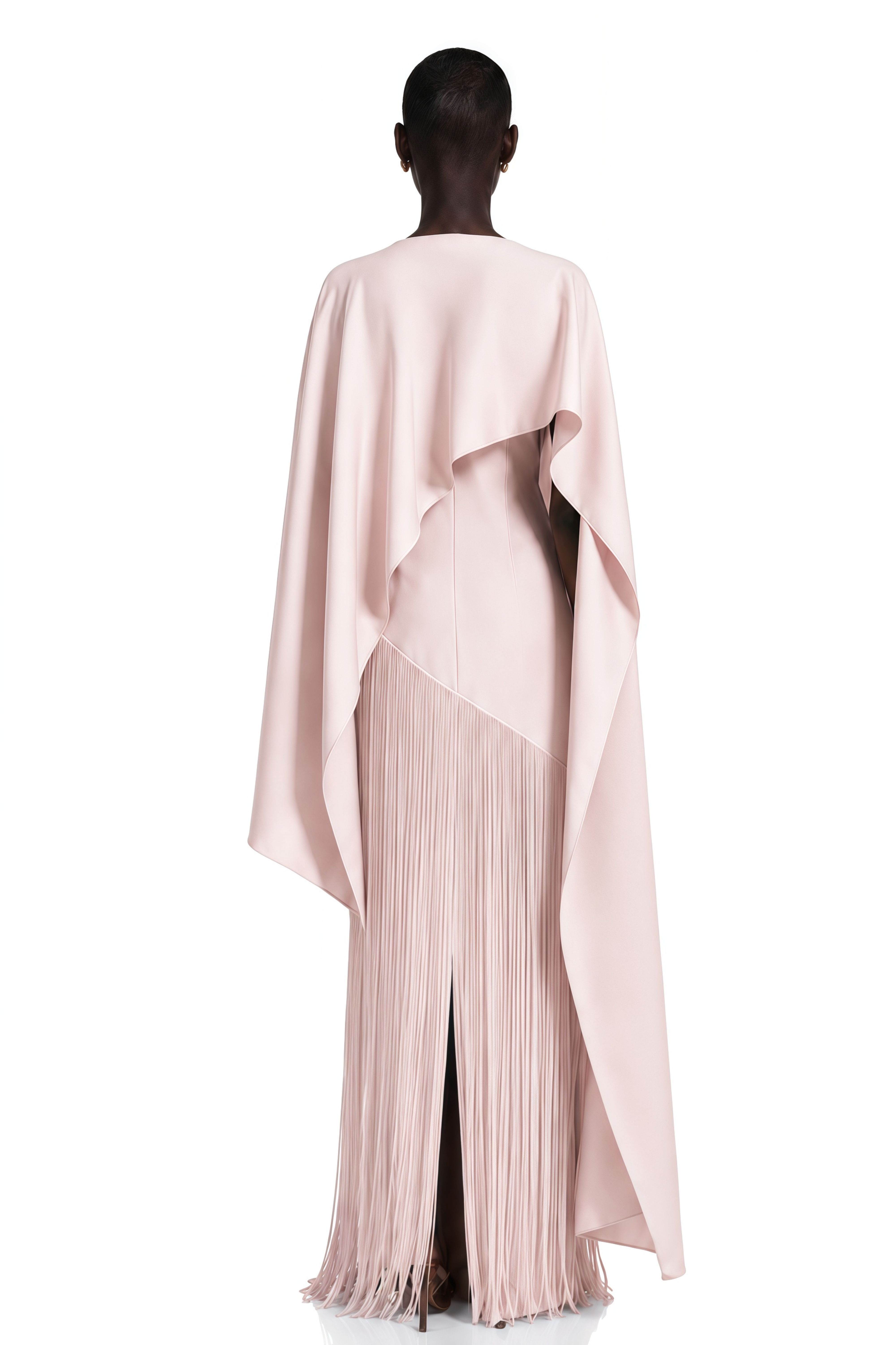 Cayetana Nude Pink Fringe Maxi Dress with Cape Effect