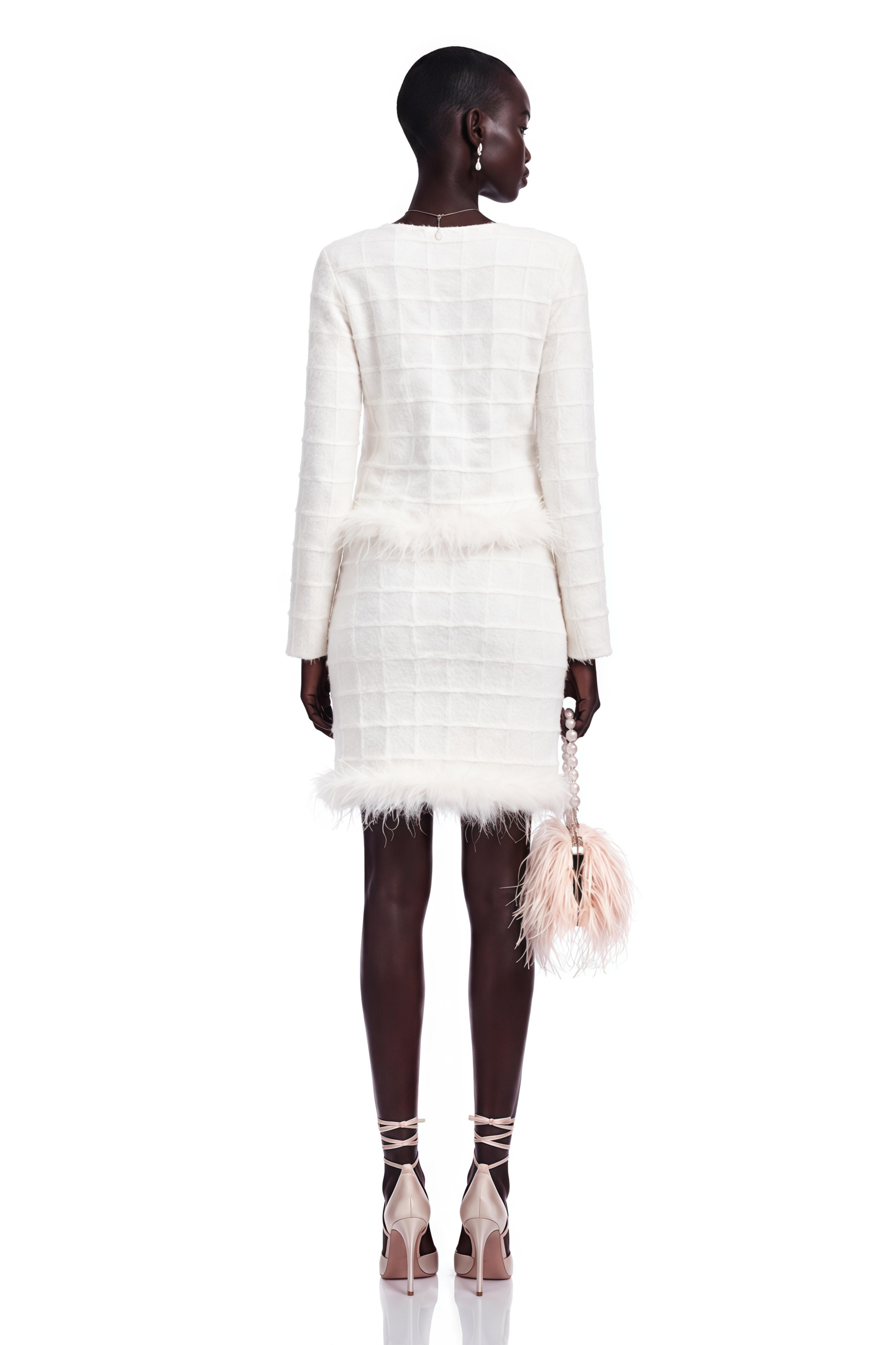Cora White Feather Waffle Knit Cardigan & Skirt Matching Set