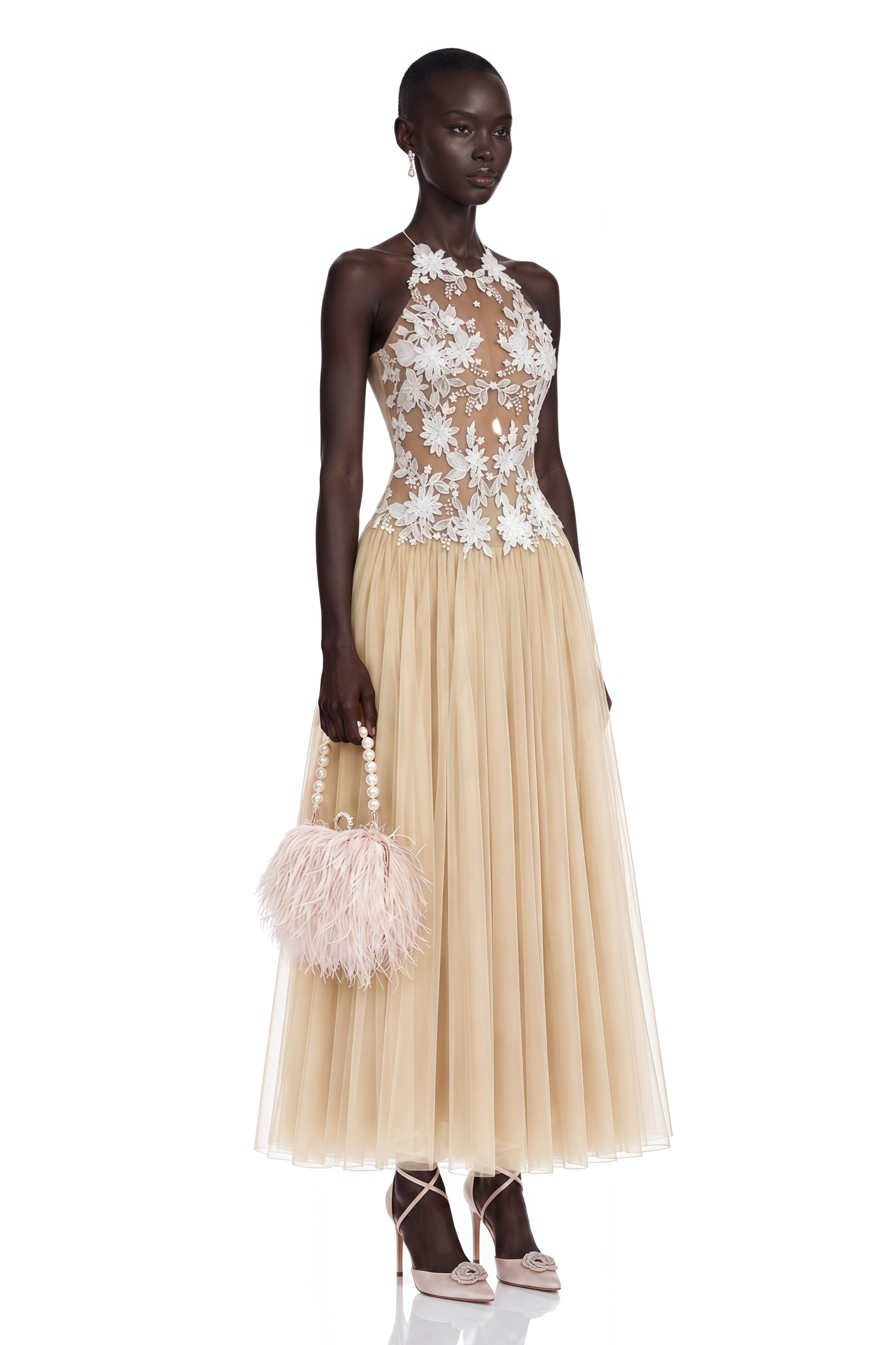 Ruqayya Neutral Floral Embroidered Pleated Maxi Dress