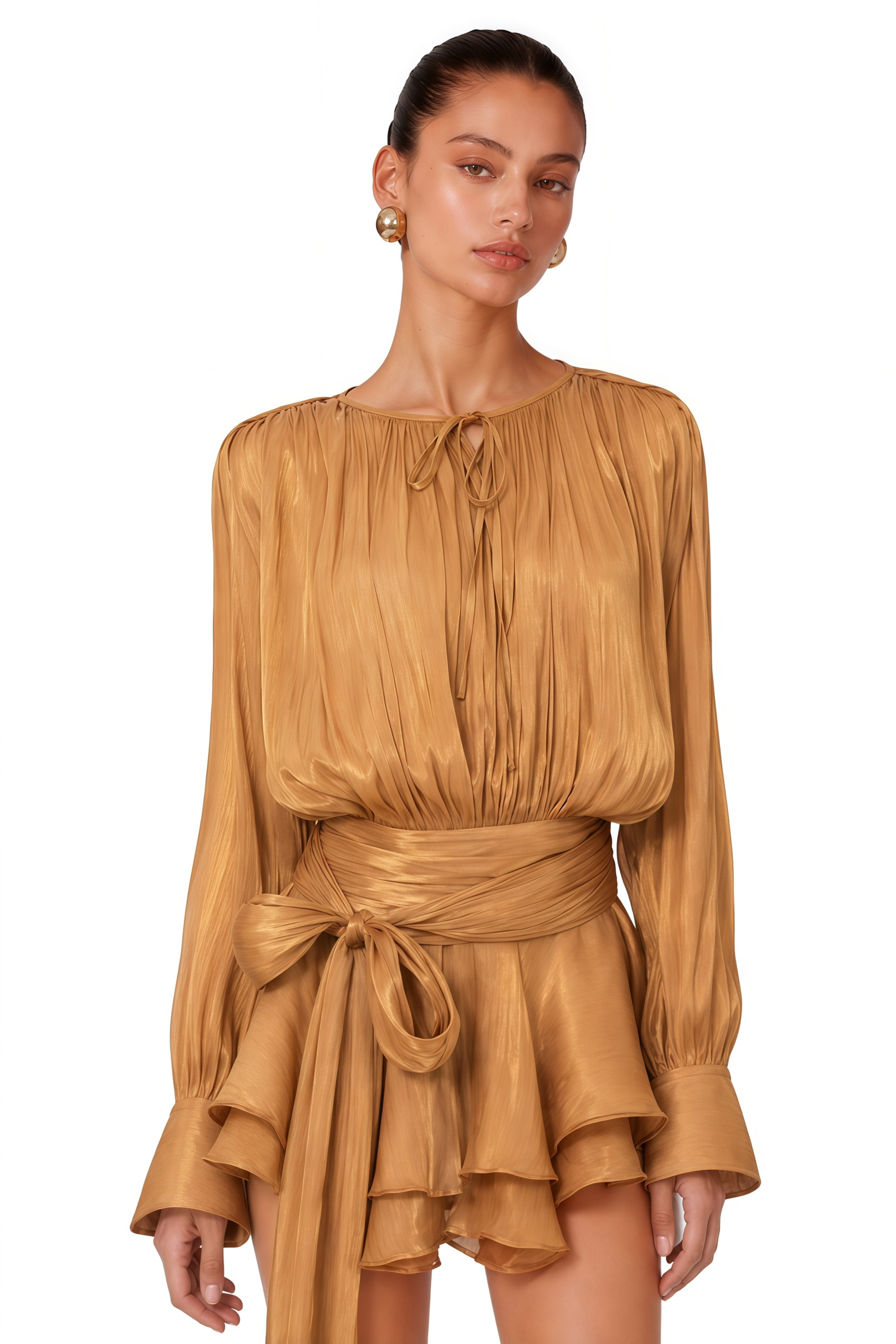 Eugénie Gold Fully Pleated Ruffled Mini Dress