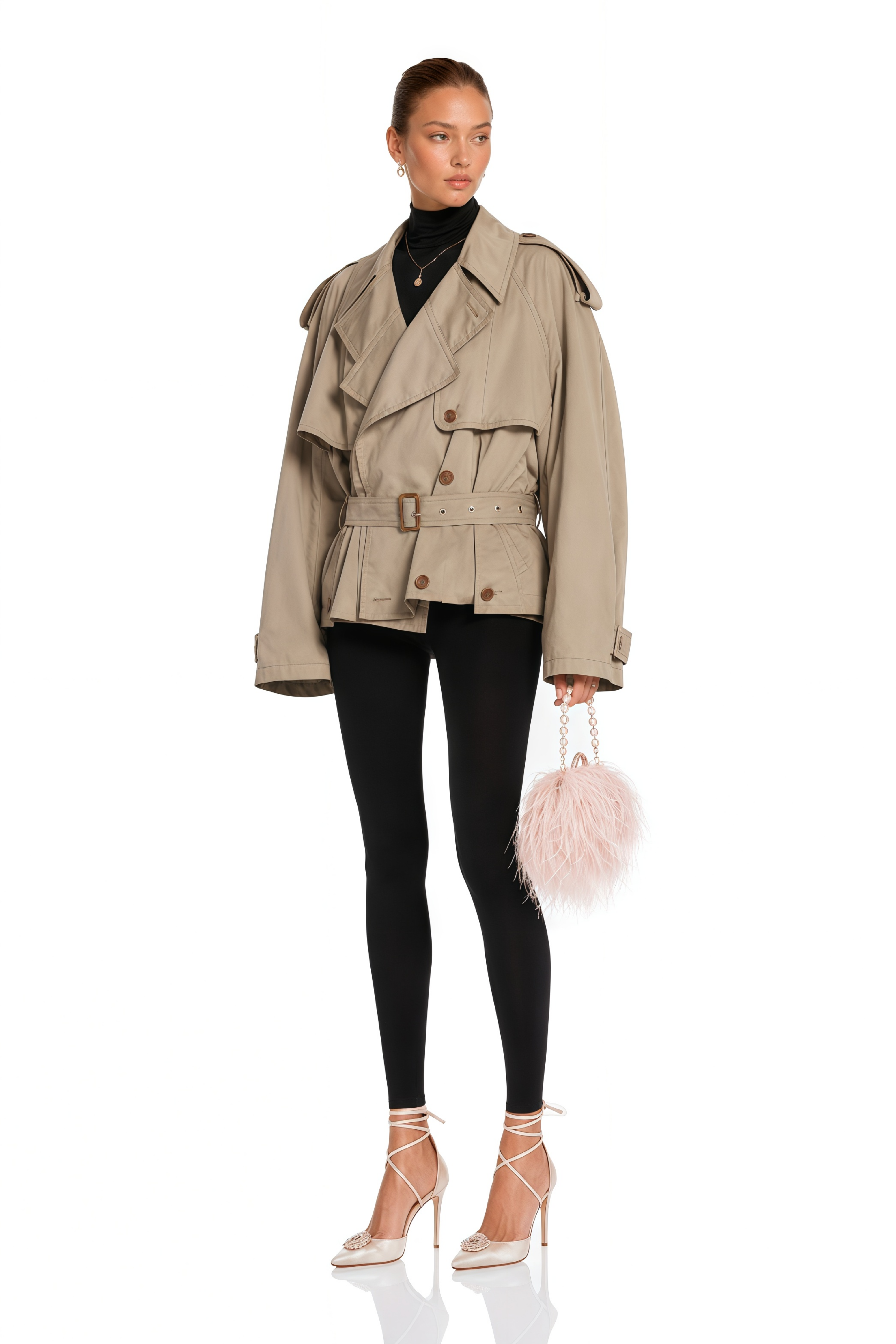 Sandra Khaki Double-Breasted Short Trench Coat