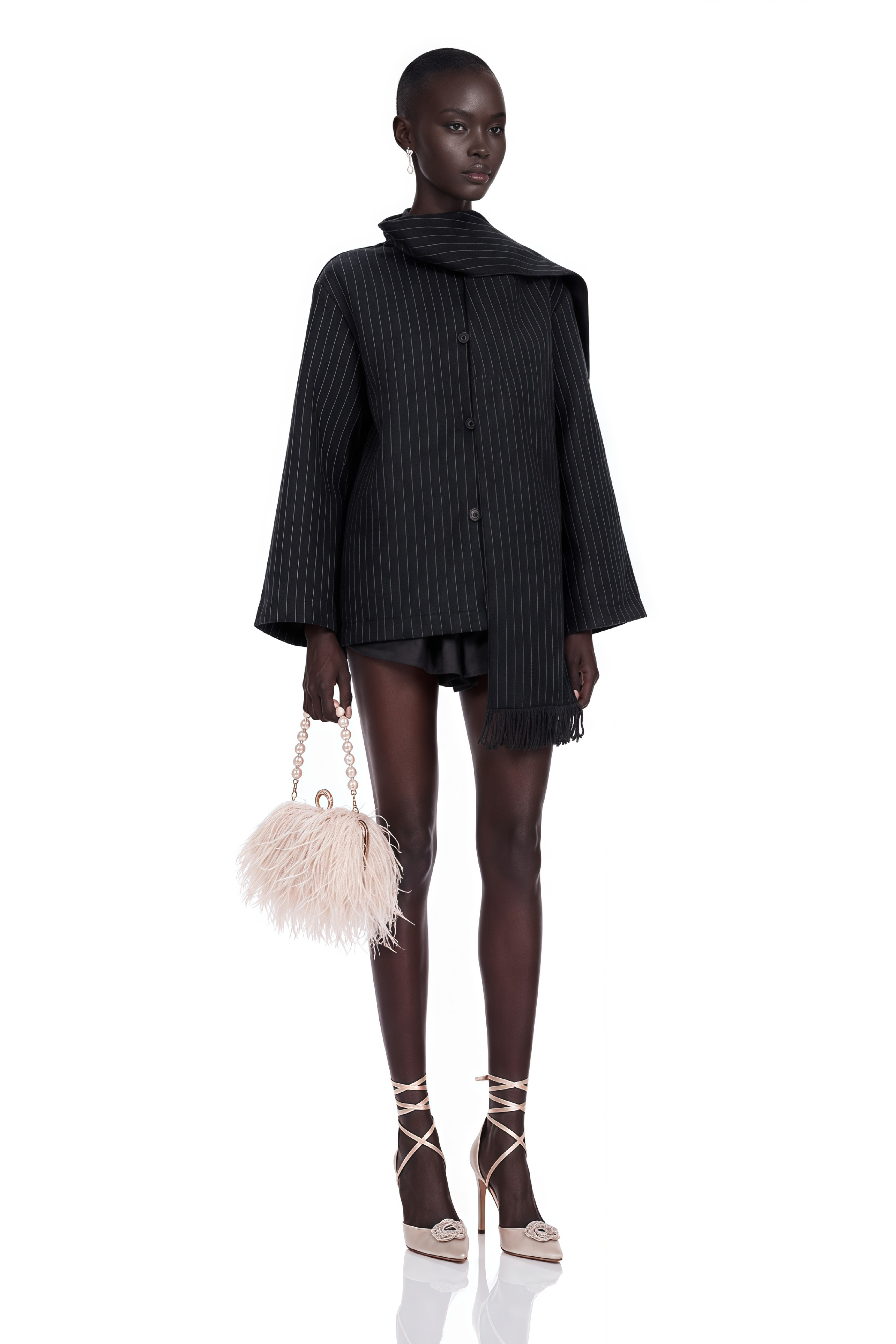 Carlotta Grey Scarf Striped Tweed Short Coat
