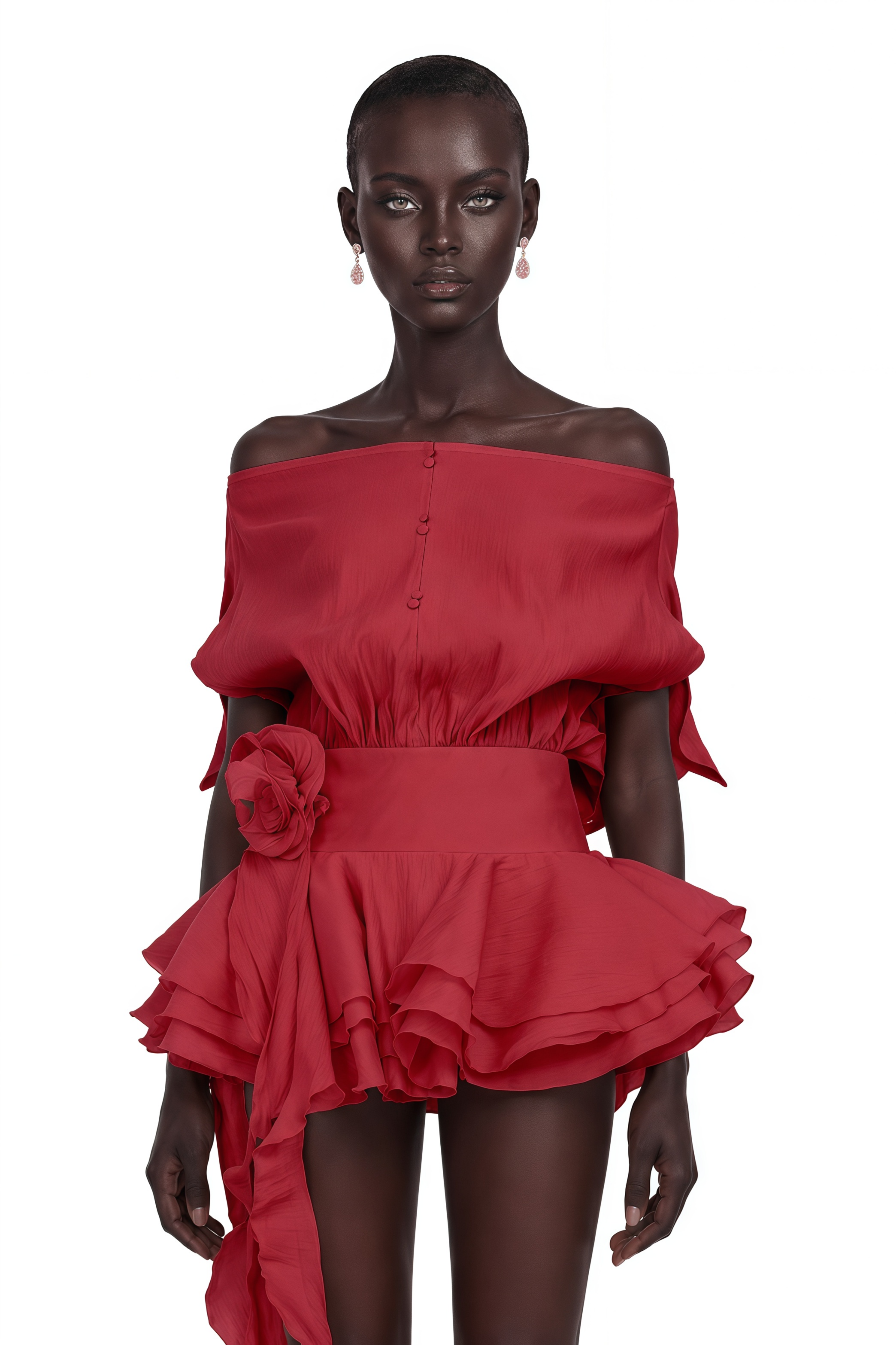 Amélie Red Floral Appliqué Flounced Mini Dress