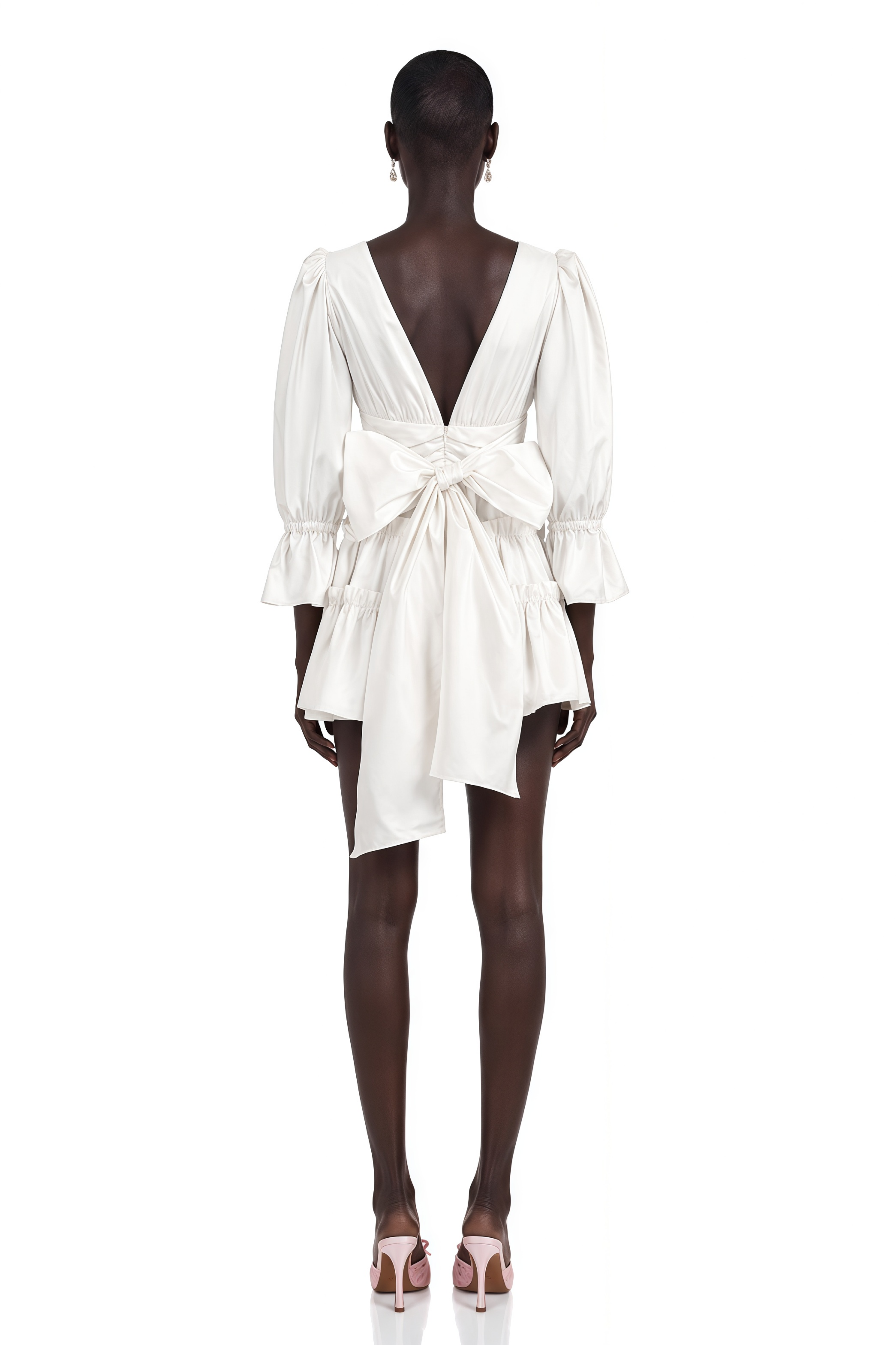 Jutta White Bowknot Shirred Mini Dress
