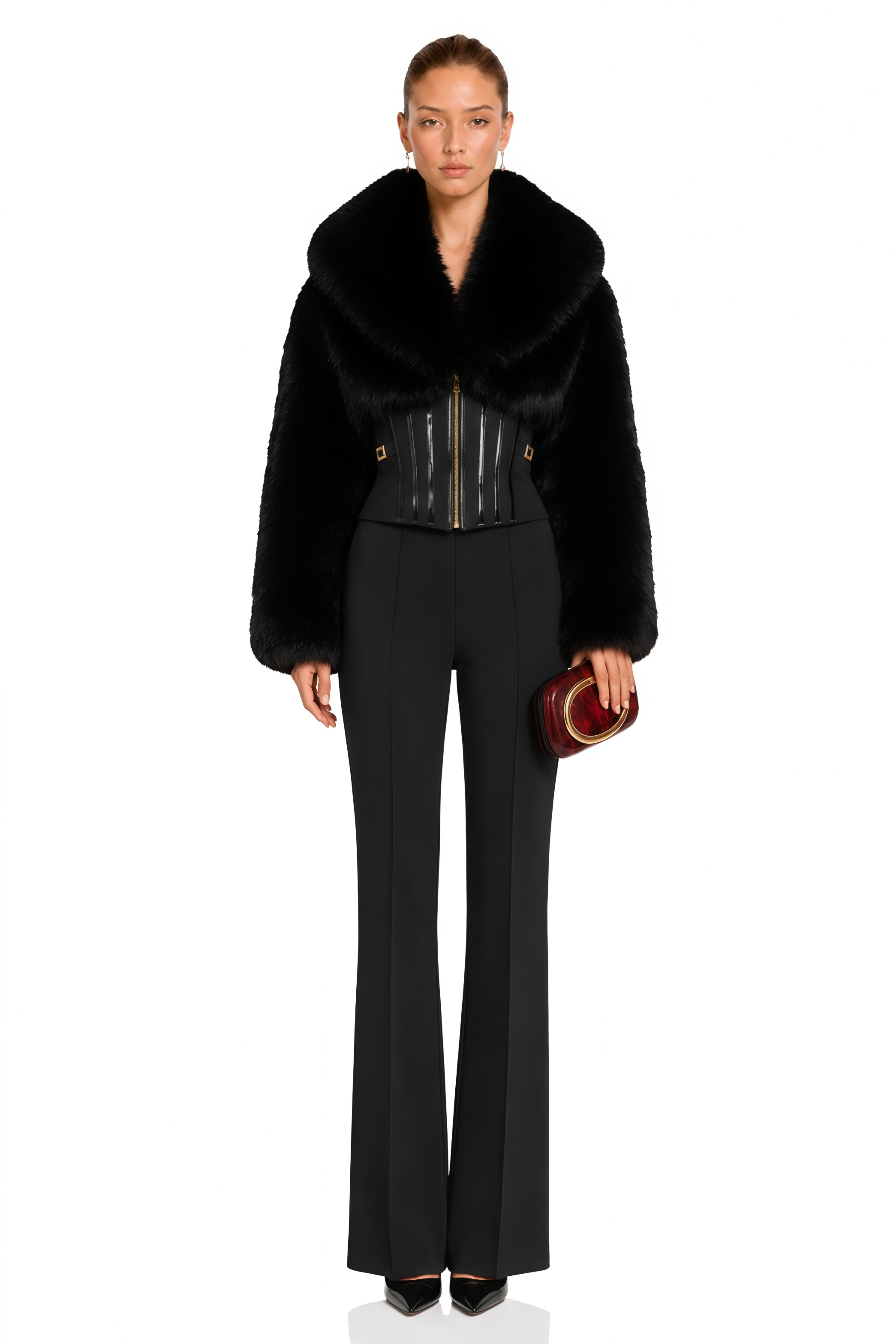 Alberta Black Faux-Fur Corset Panel Jacket
