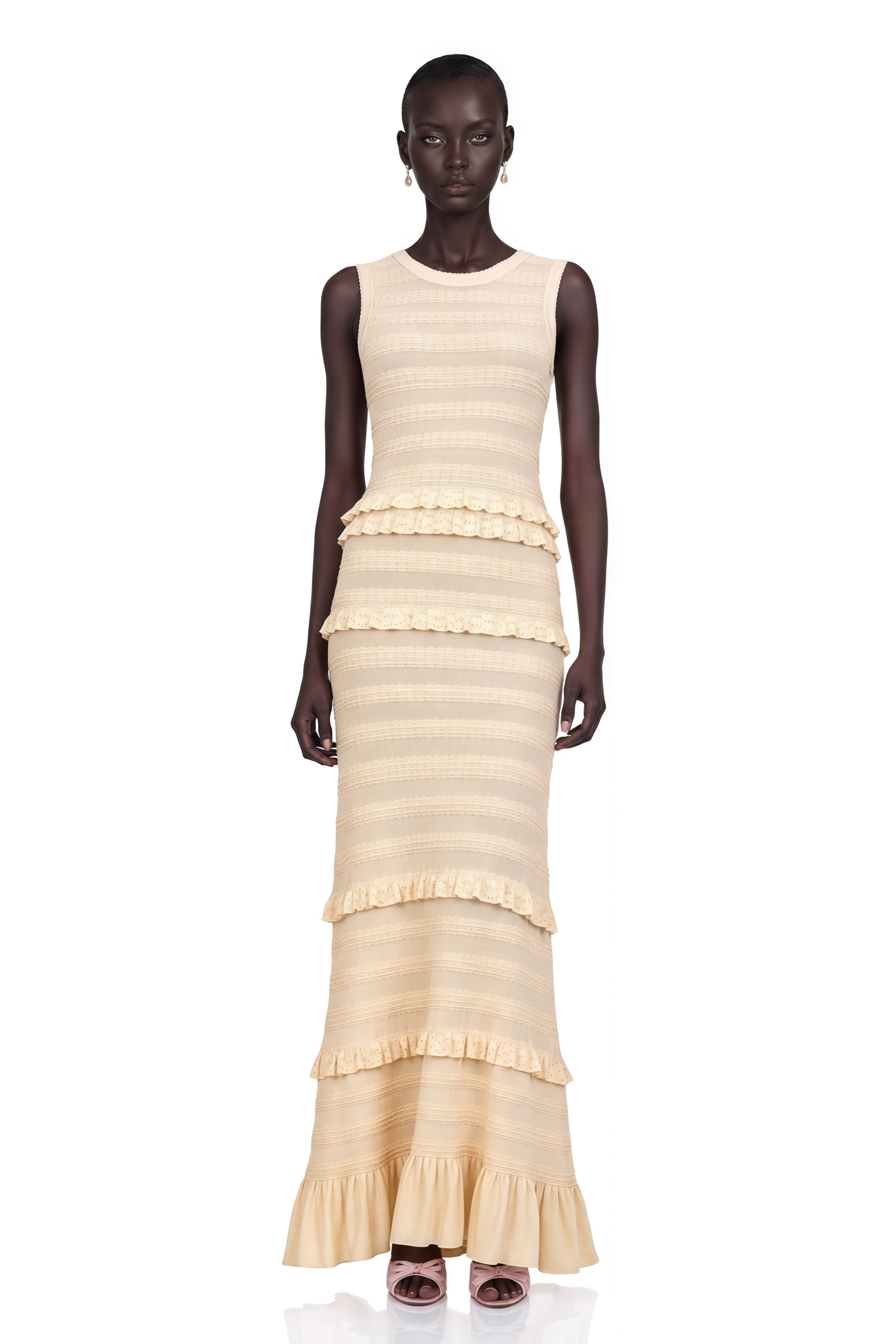 Airelle Beige Ruffled Sleeveless Knit Maxi Dress