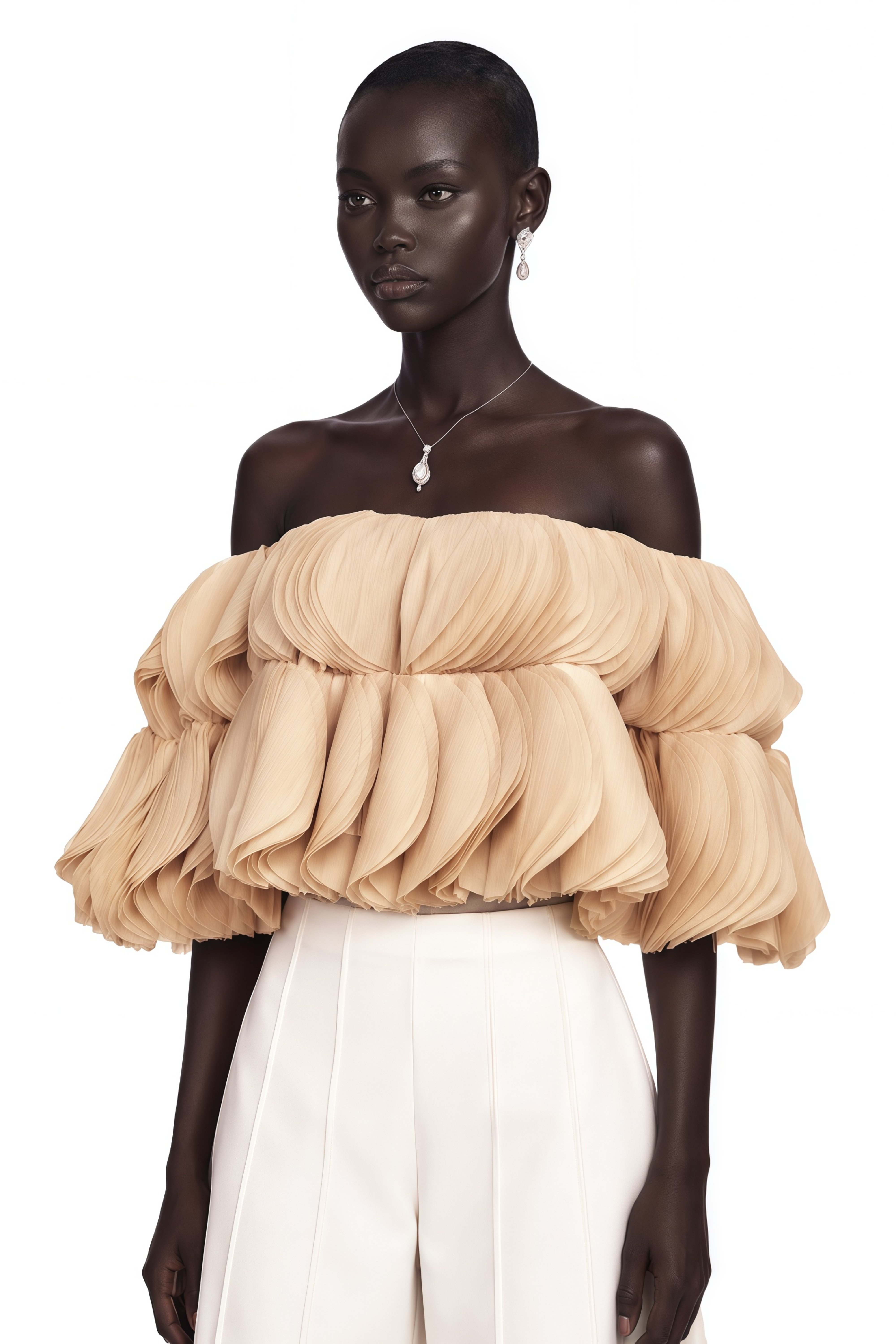 Elise Neutrals Off-Shoulder Shirred Cropped Top