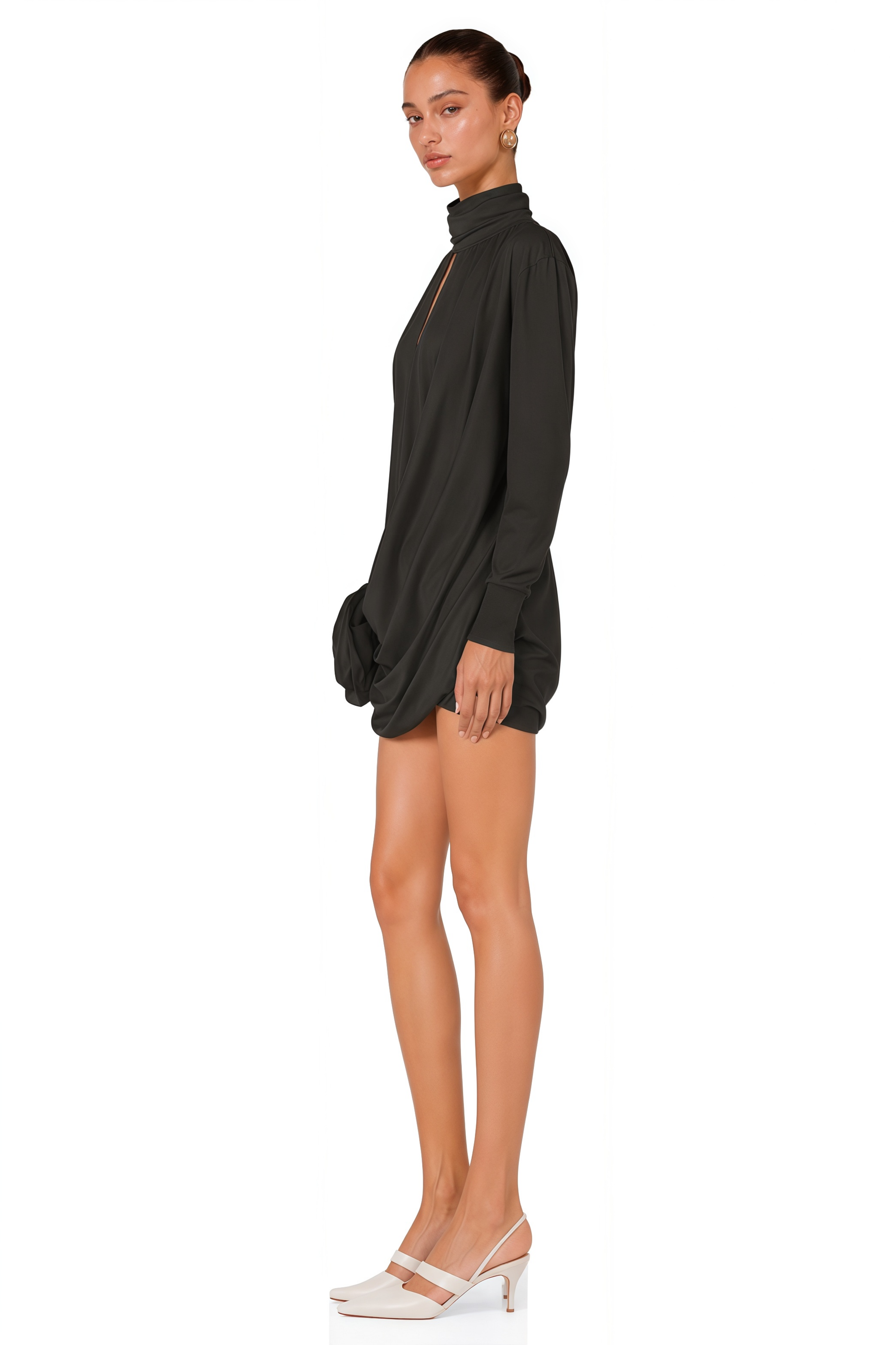Maeva Faux-Flower Ruched Mini Dress in Black