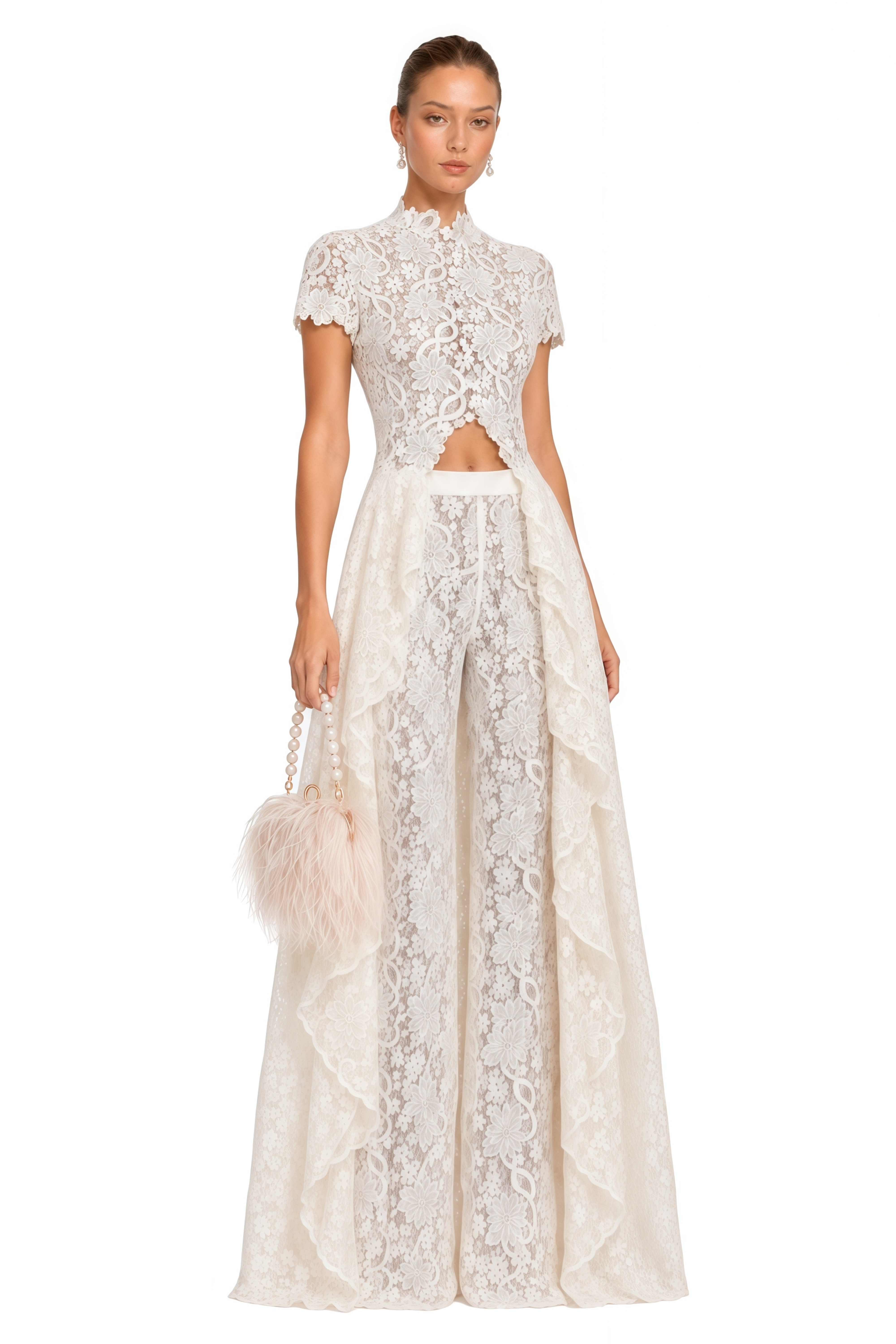Loana White Floral Lace Top & Trousers Set   