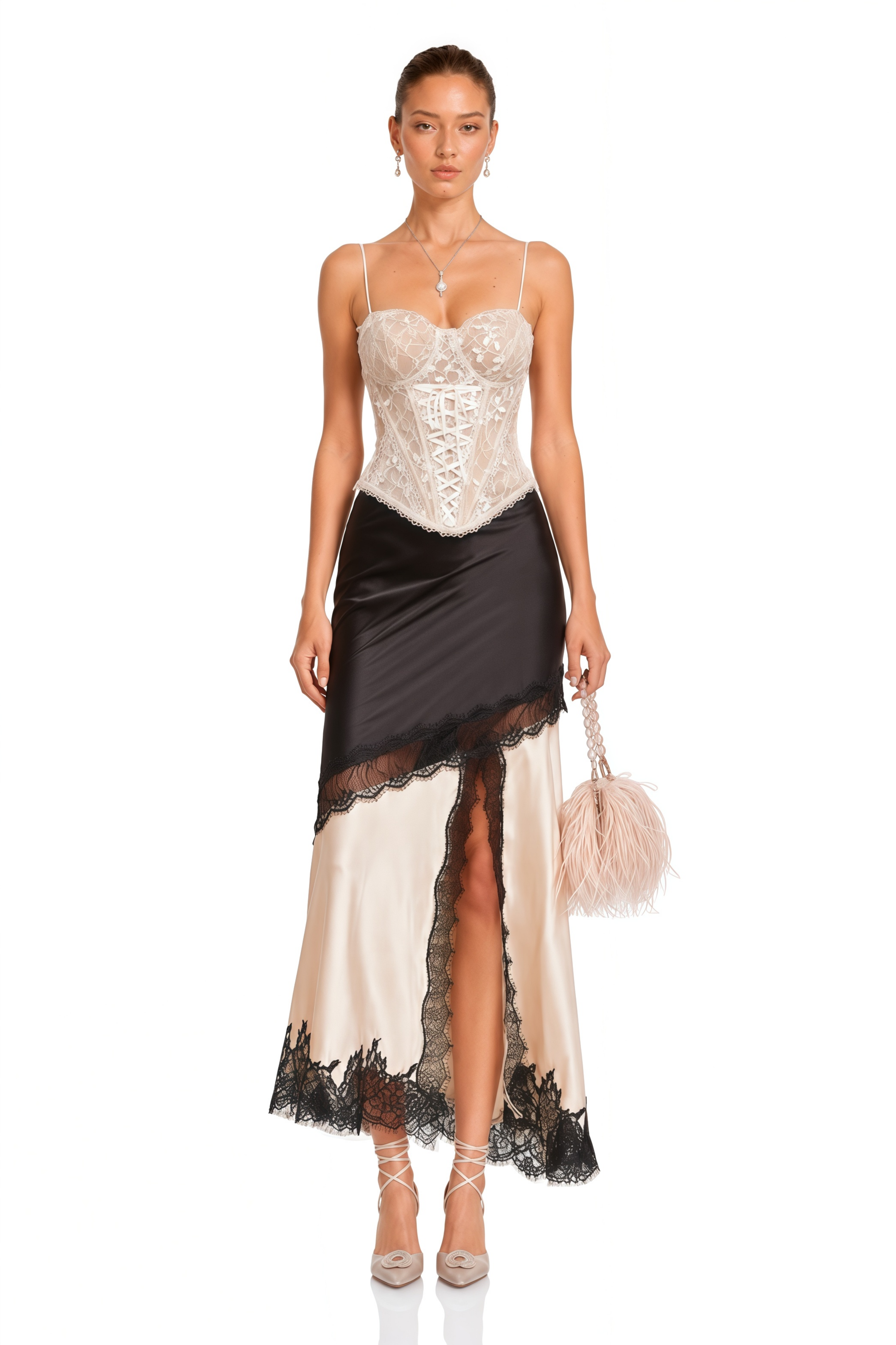 Raphaëlle lace-panel asymmetrical satin skirt