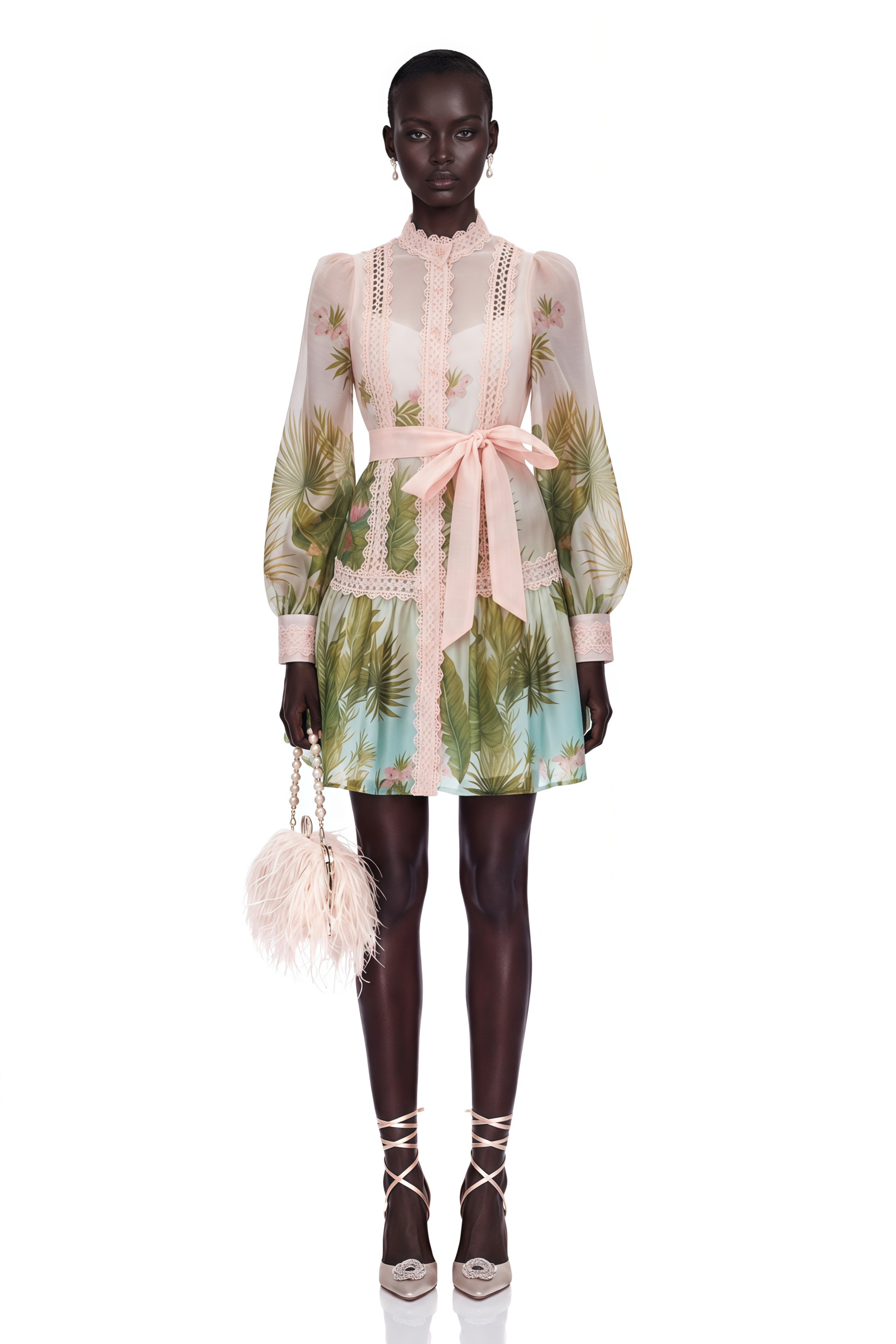 Antigone Pink Mini Dress with Lace Panels and Tie