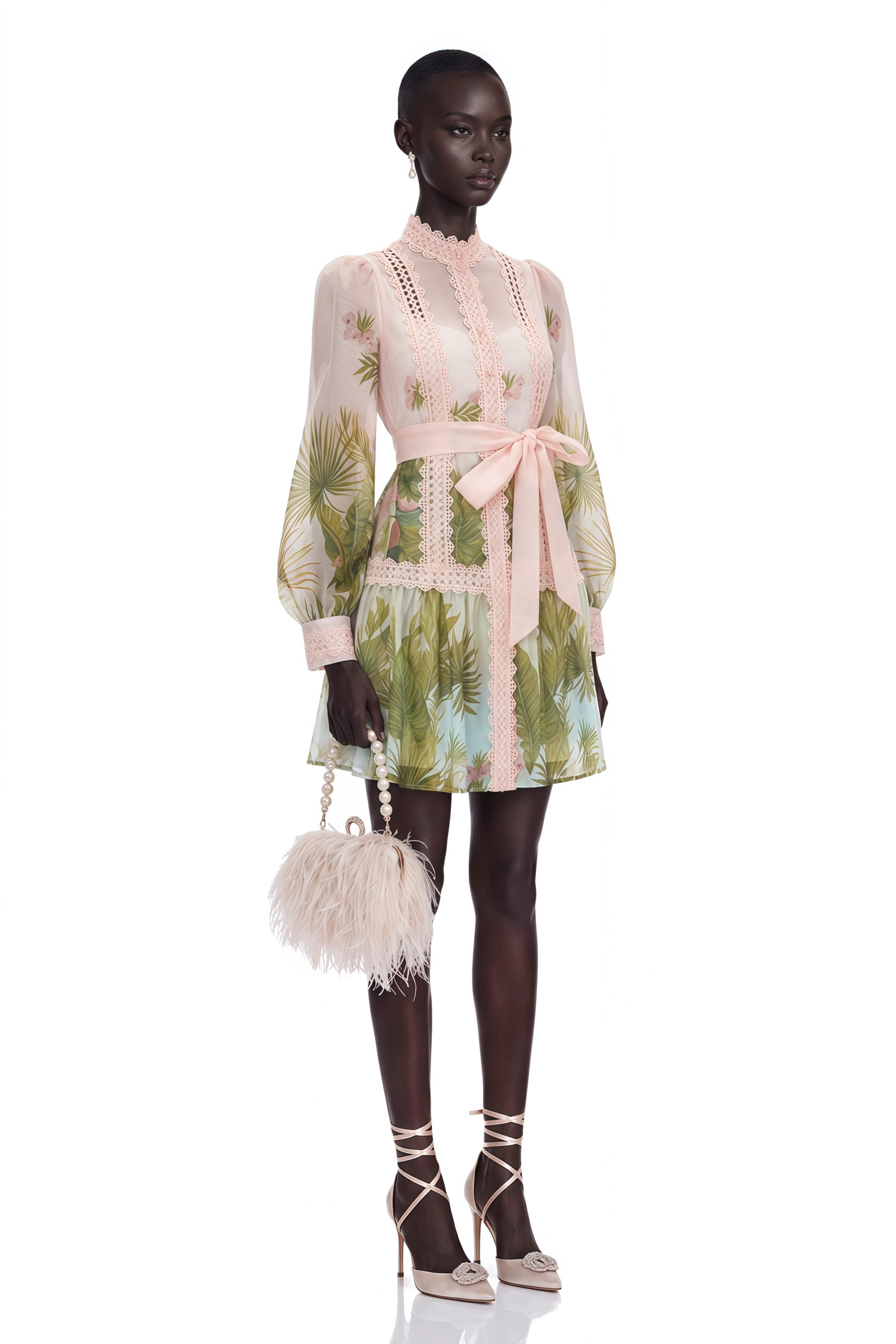 Antigone Pink Mini Dress with Lace Panels and Tie