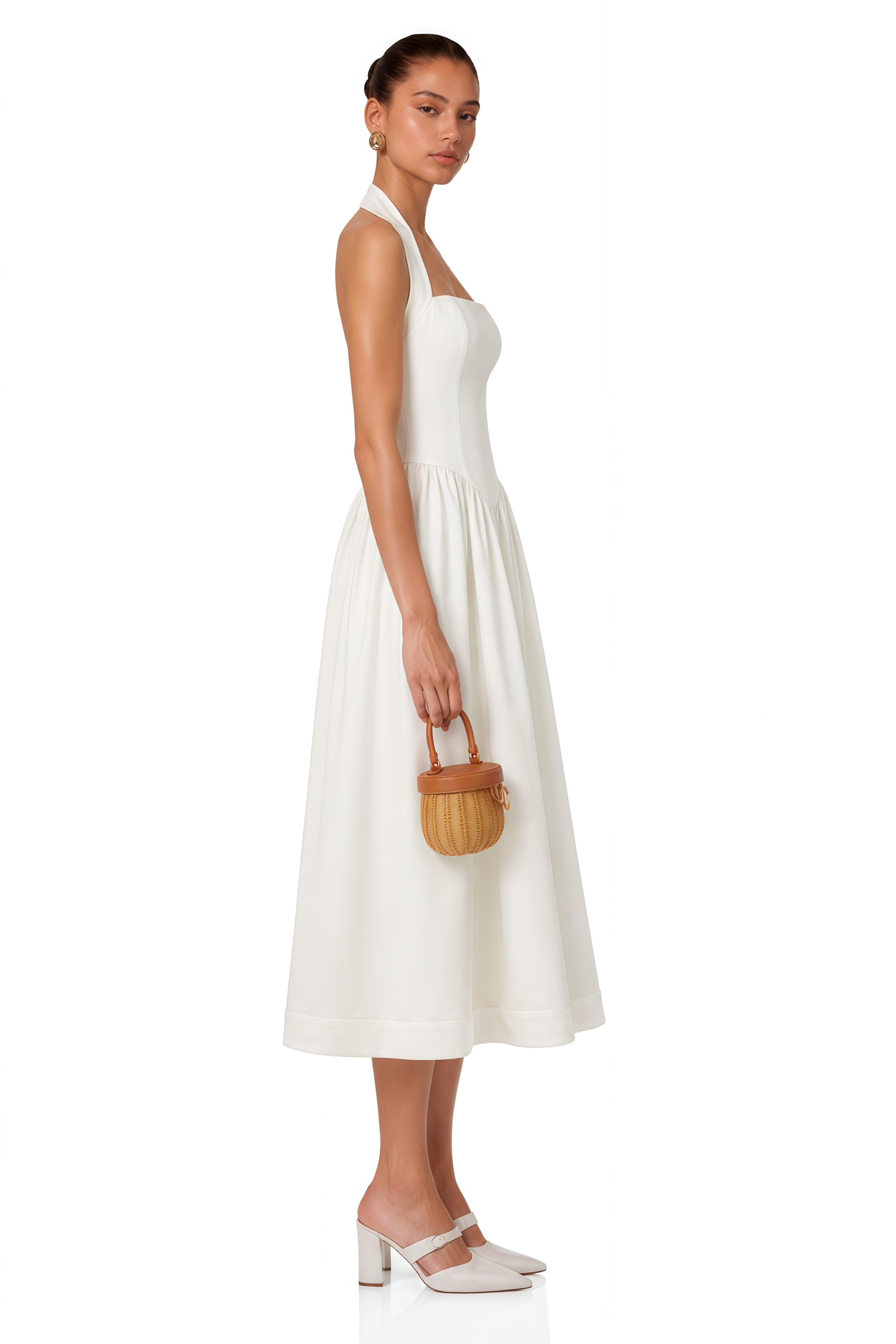 Alizée Halterneck Pleated Midi Dress in White