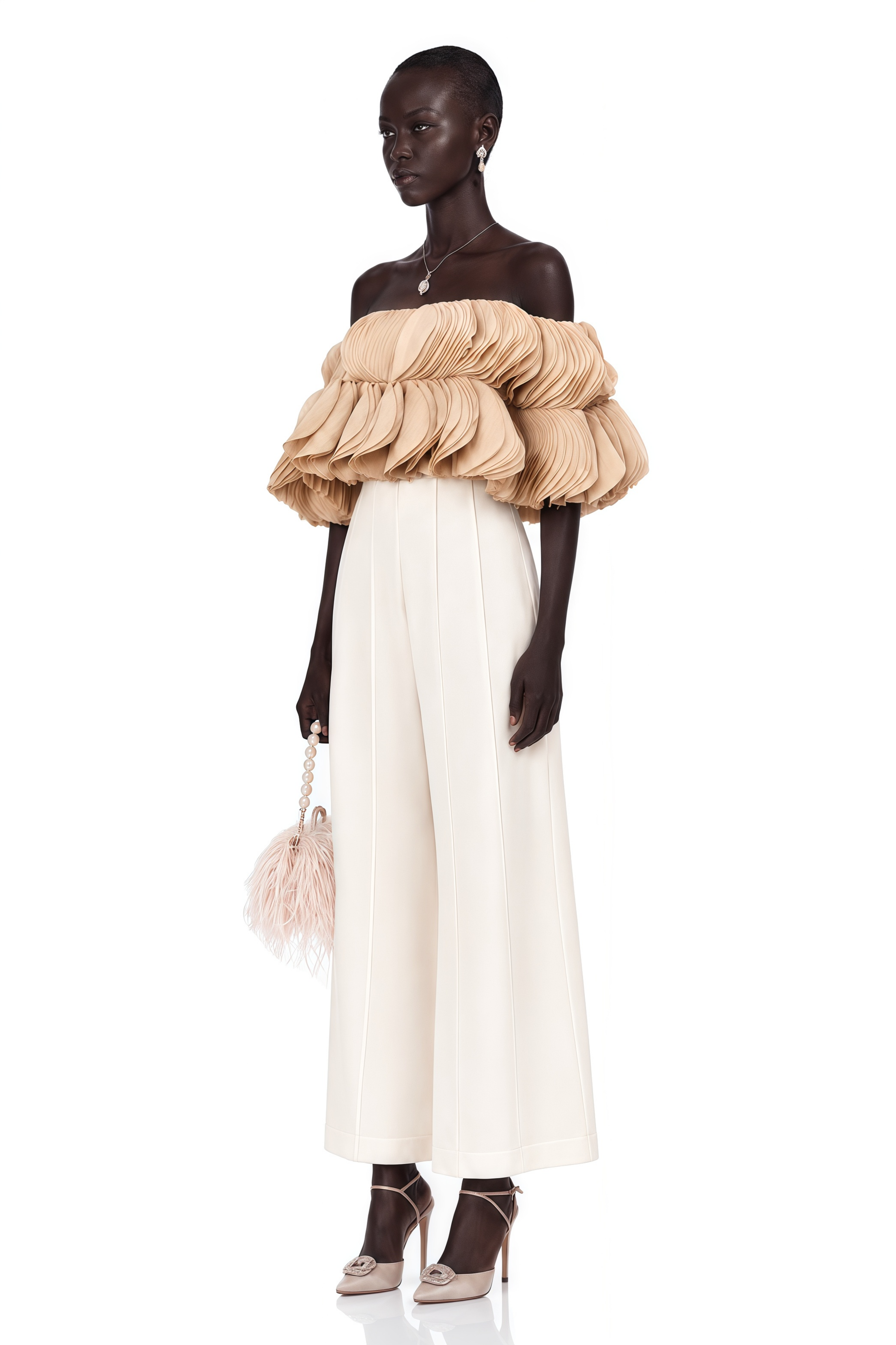Elise Neutrals Off-Shoulder Shirred Cropped Top