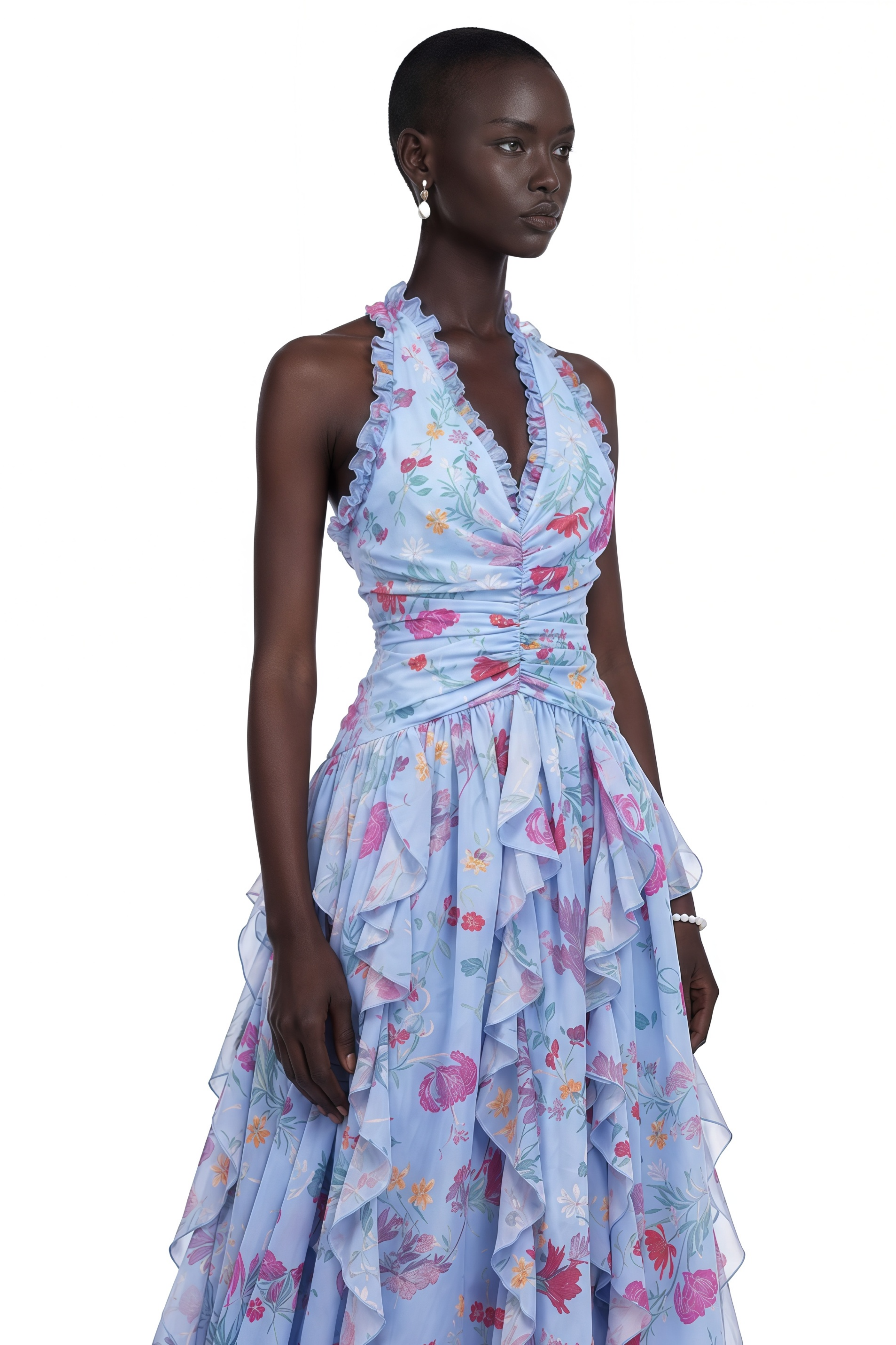 Thaïs Blue Ruffled Floral Print Maxi Dress