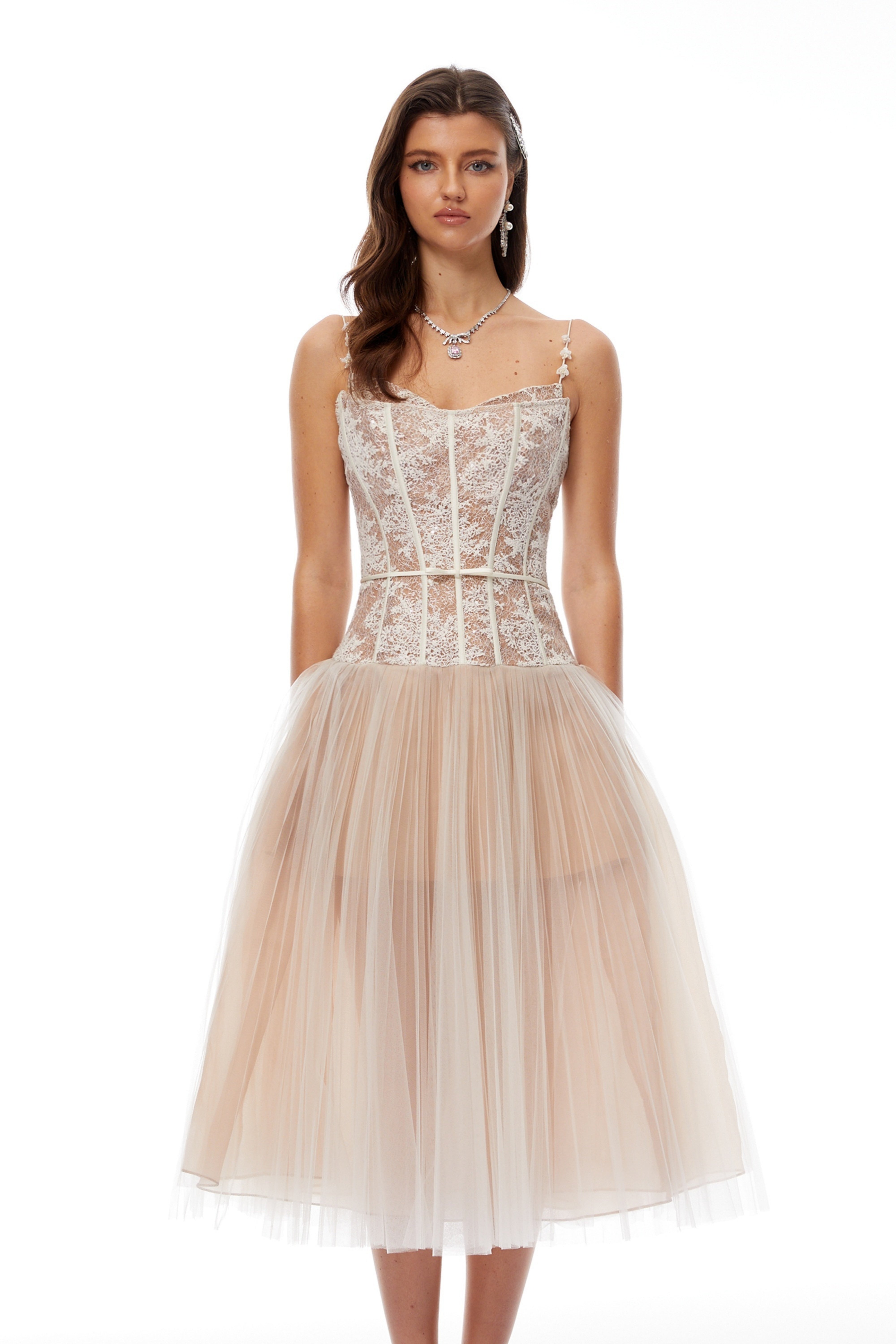 Mira Neutrals Lace Panel Tulle Midi Dress – Miss Rosier - Women's