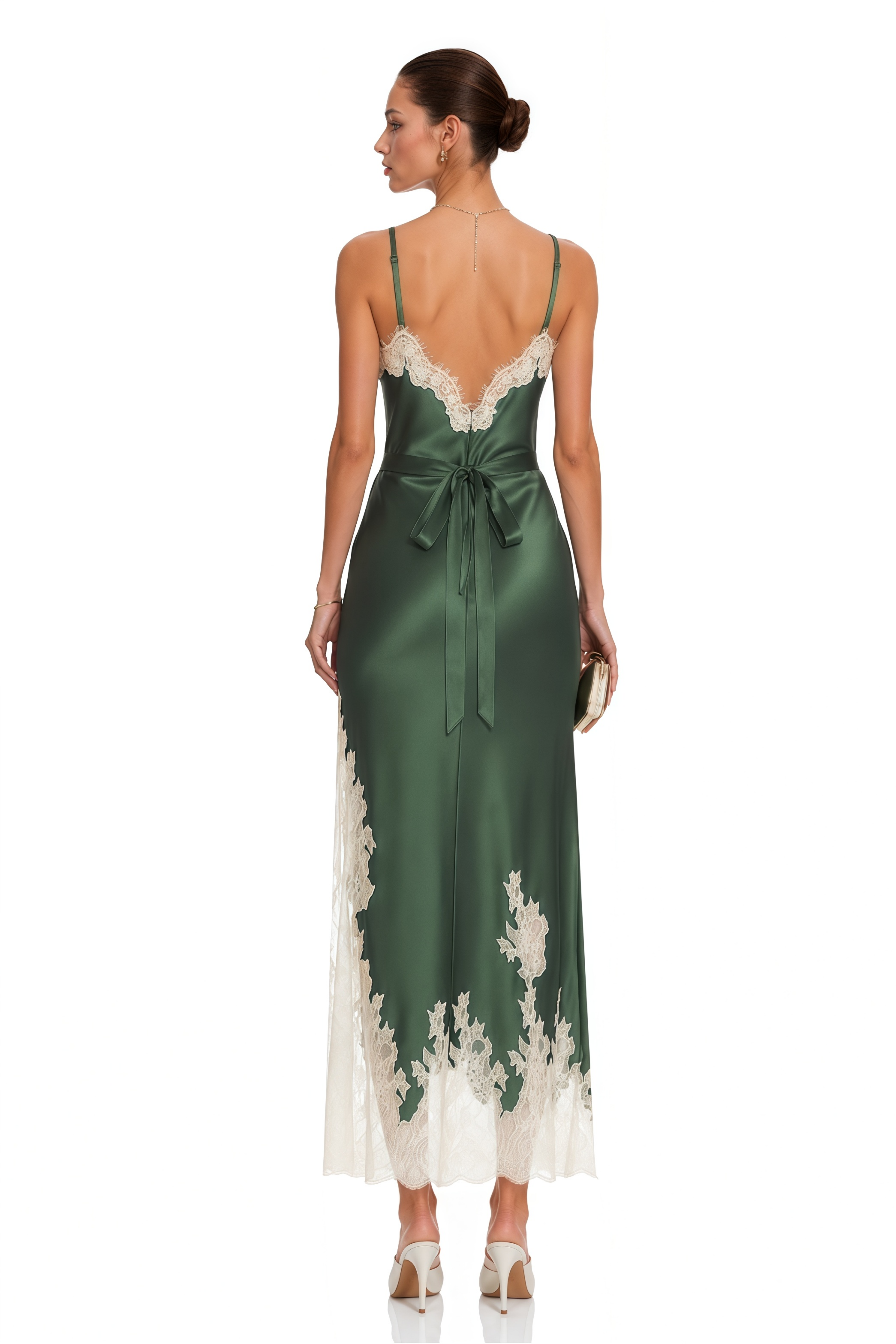 Aaliyah Green Satin Lace Trim Spaghetti Strap Maxi Dress
