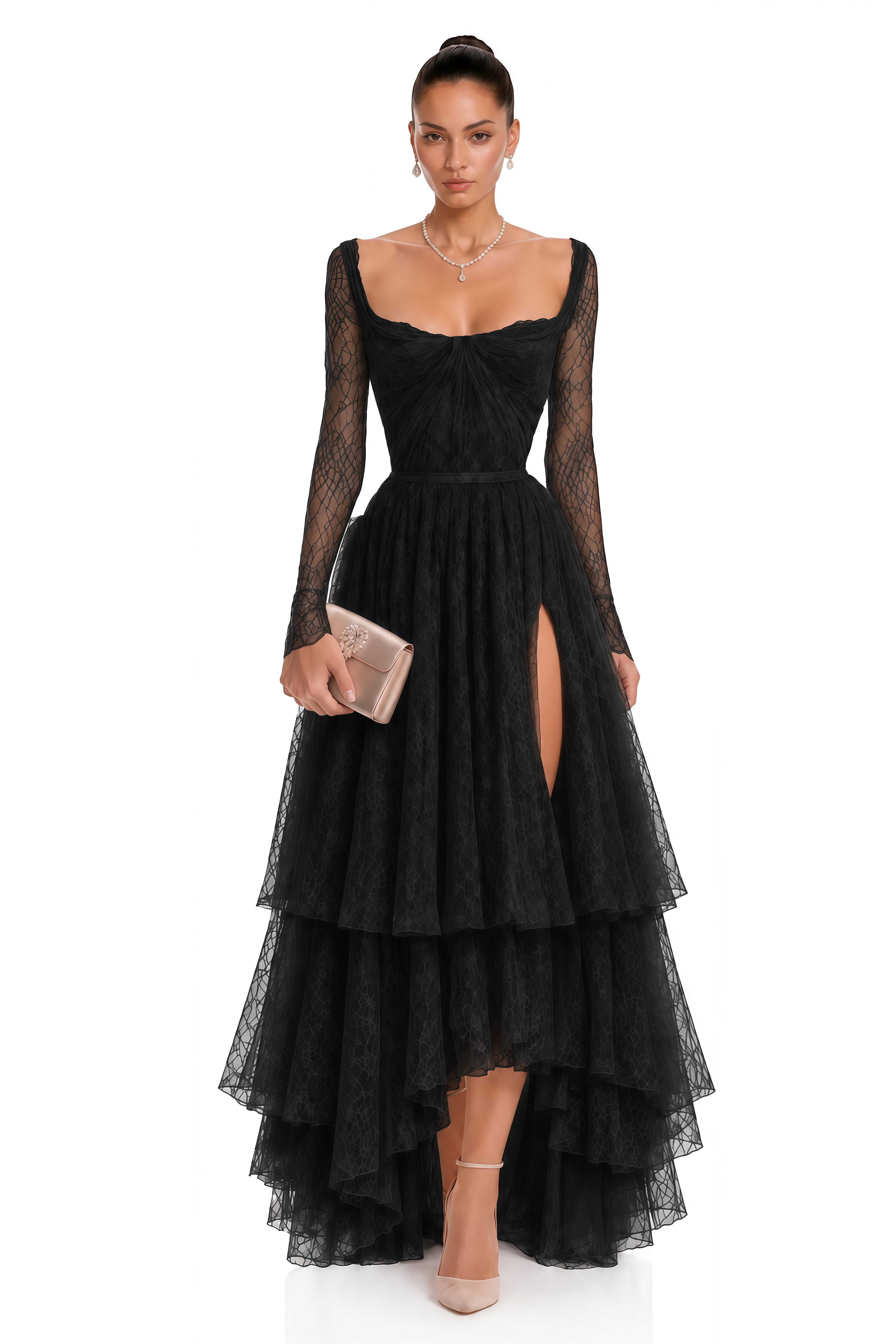 Aalto Black Lace Ruffled Maxi Dress with Slit