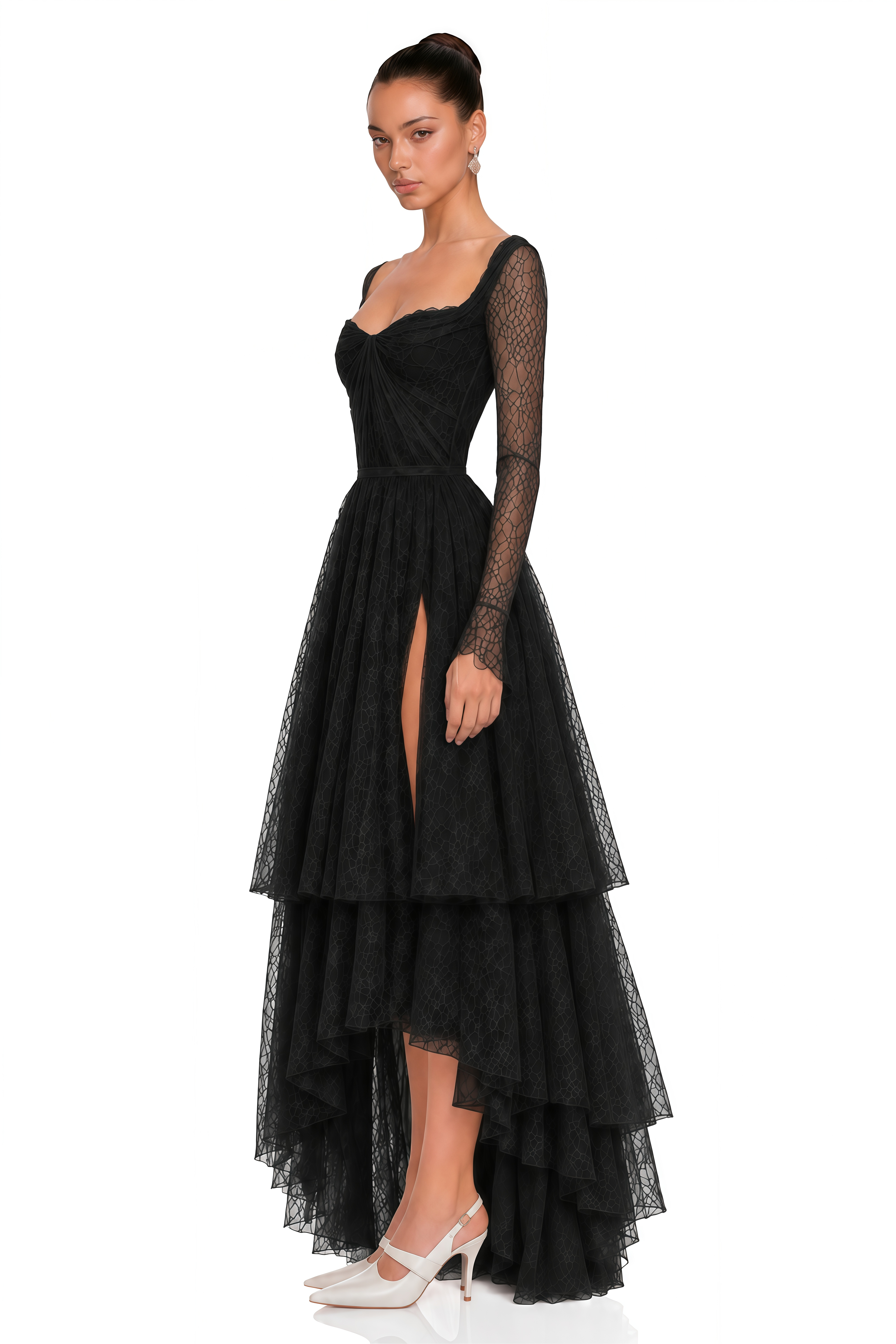 Aalto Black Lace Ruffled Maxi Dress with Slit