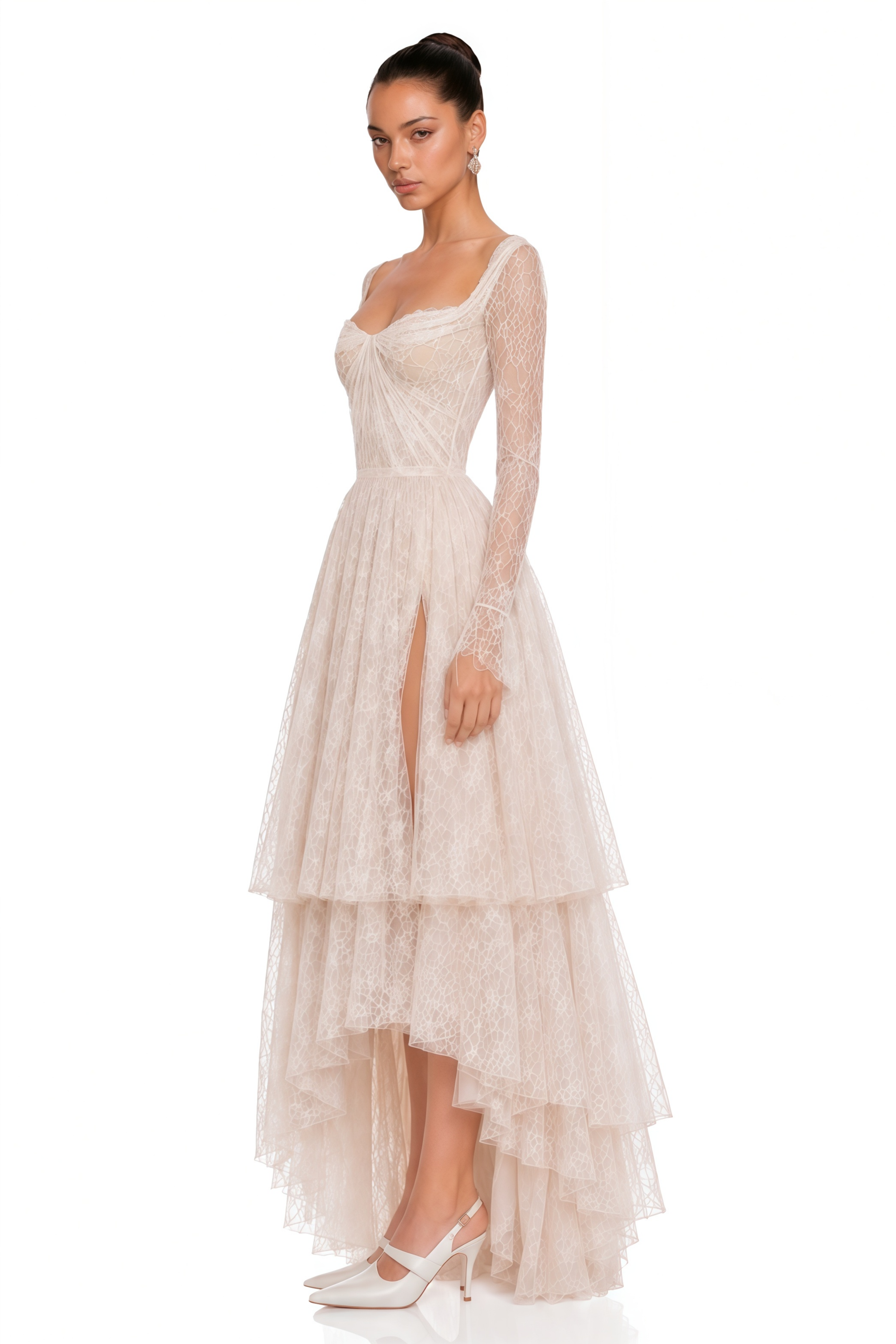 Aalto Neutral Lace Ruffled Maxi Dress with Slit
