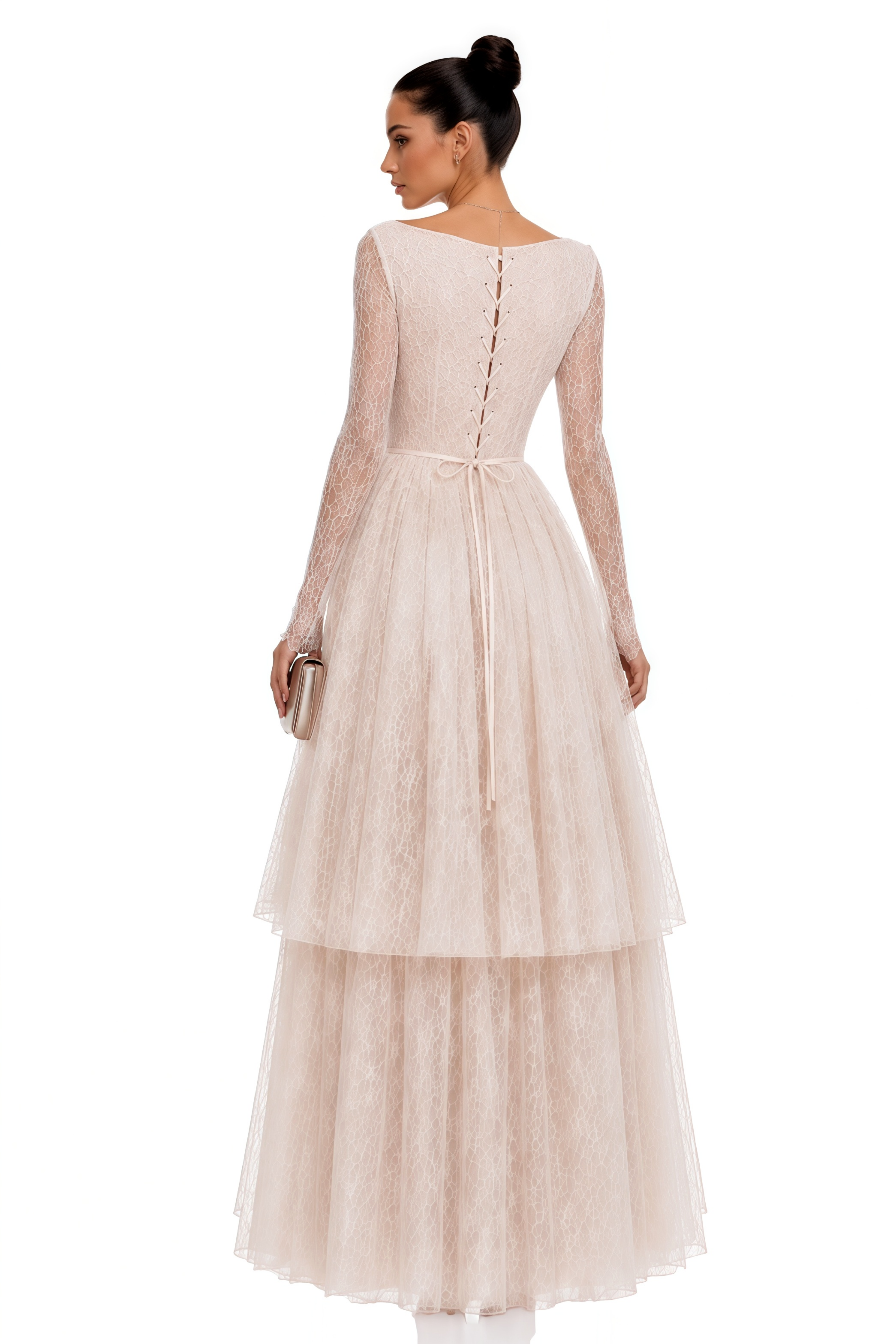 Aalto Neutral Lace Ruffled Maxi Dress with Slit