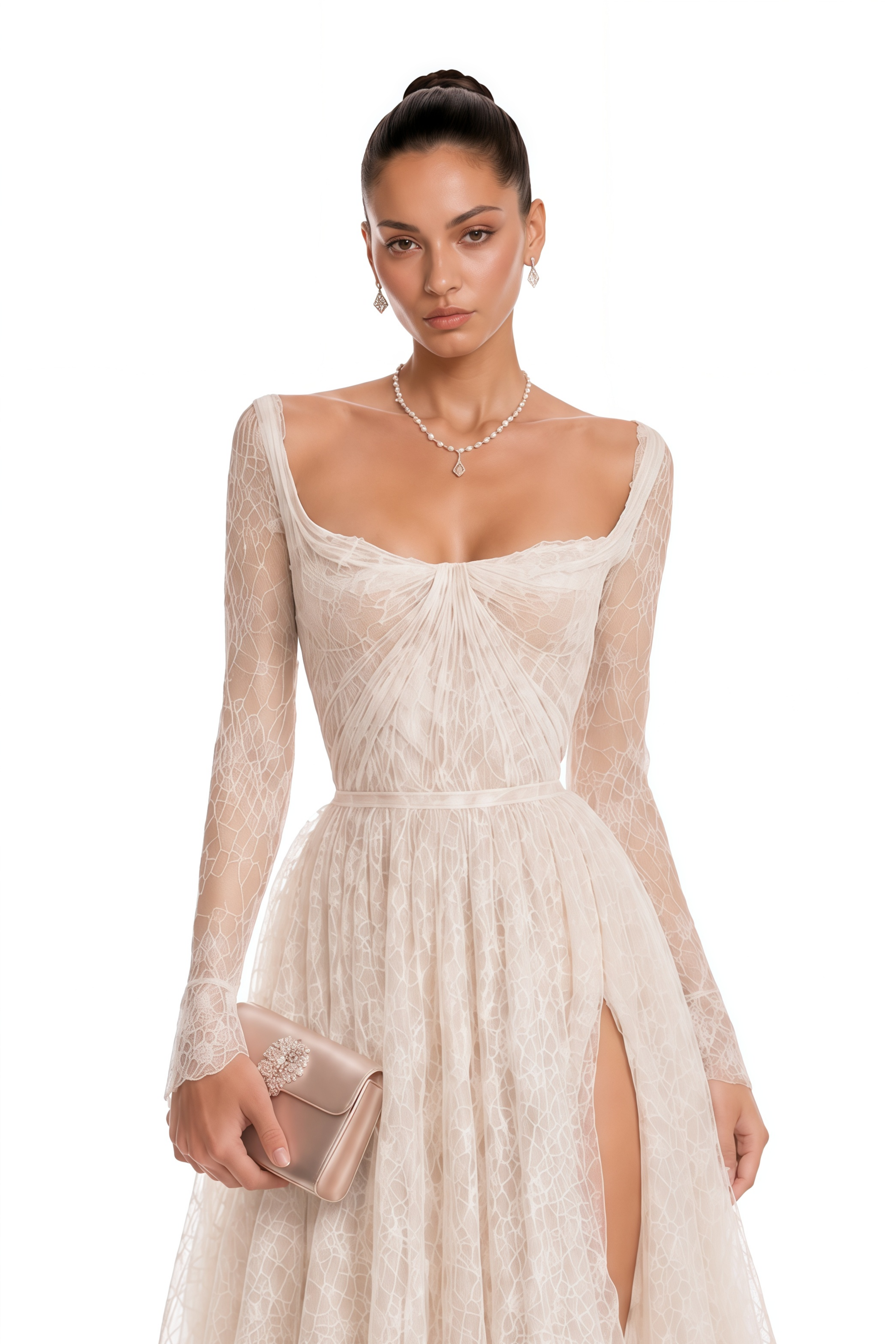 Aalto Neutral Lace Ruffled Maxi Dress with Slit
