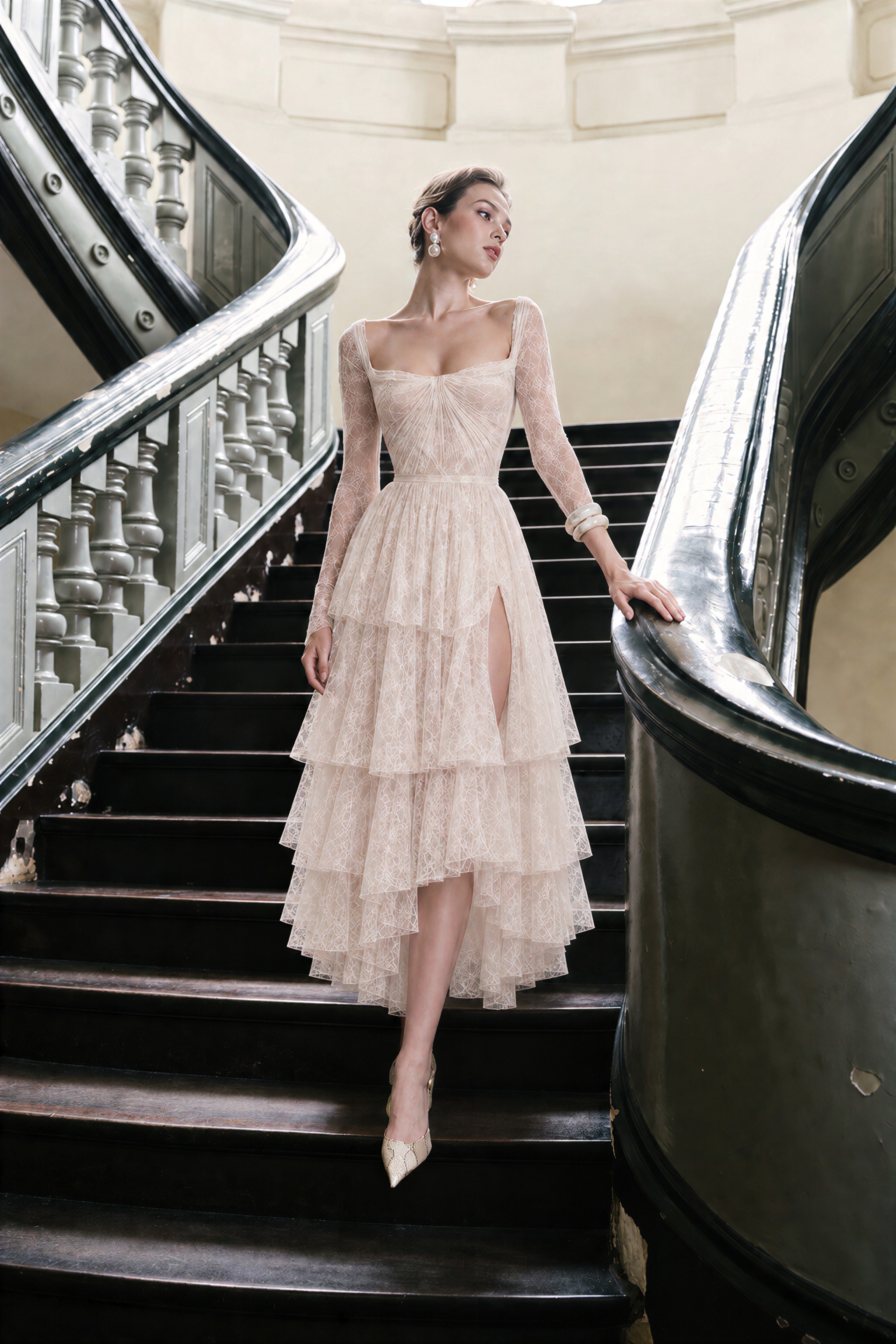 Aalto Neutral Lace Ruffled Maxi Dress with Slit