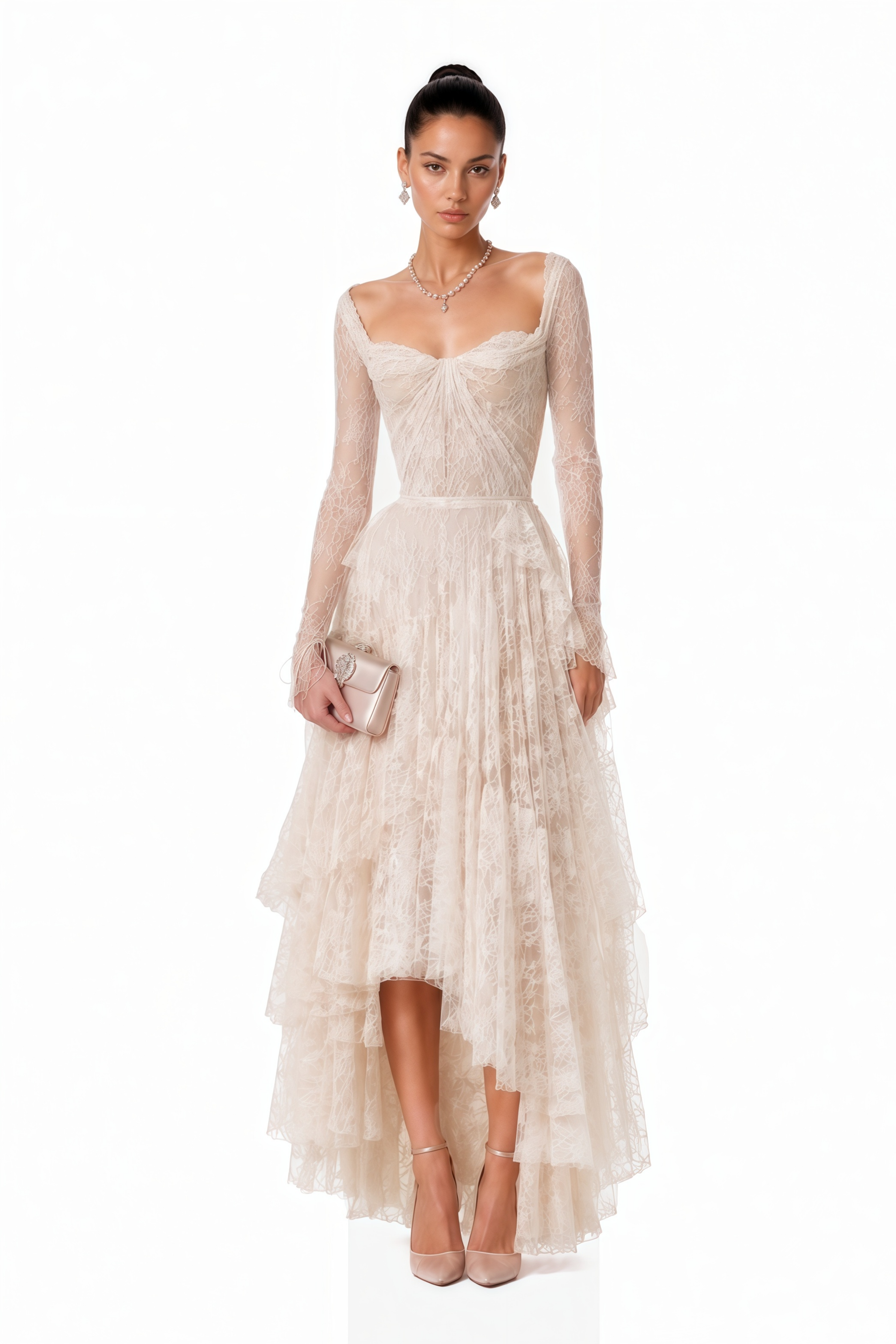 Off-white lace long-sleeve corset gown with high slit