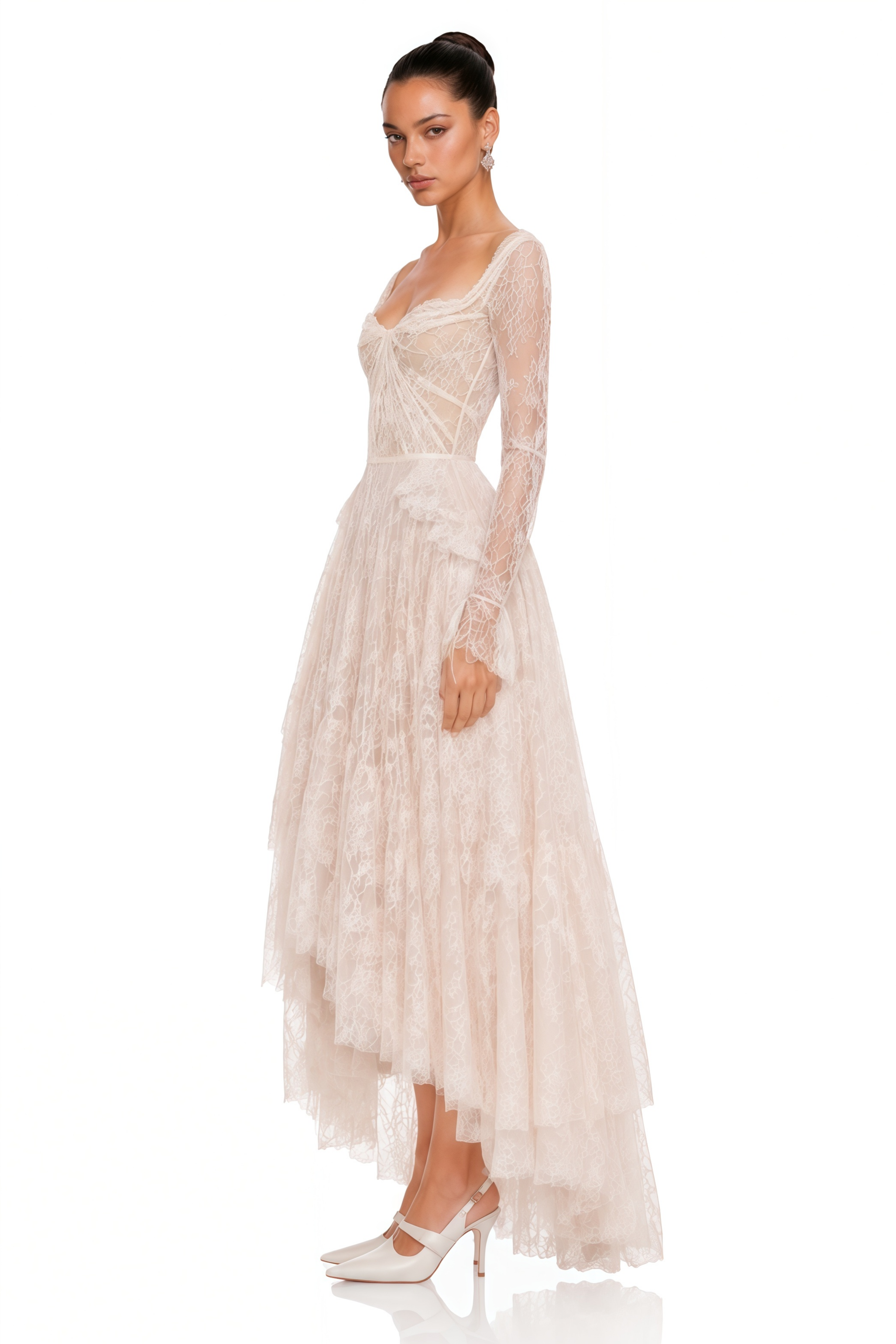 Off-white lace long-sleeve corset gown with high slit