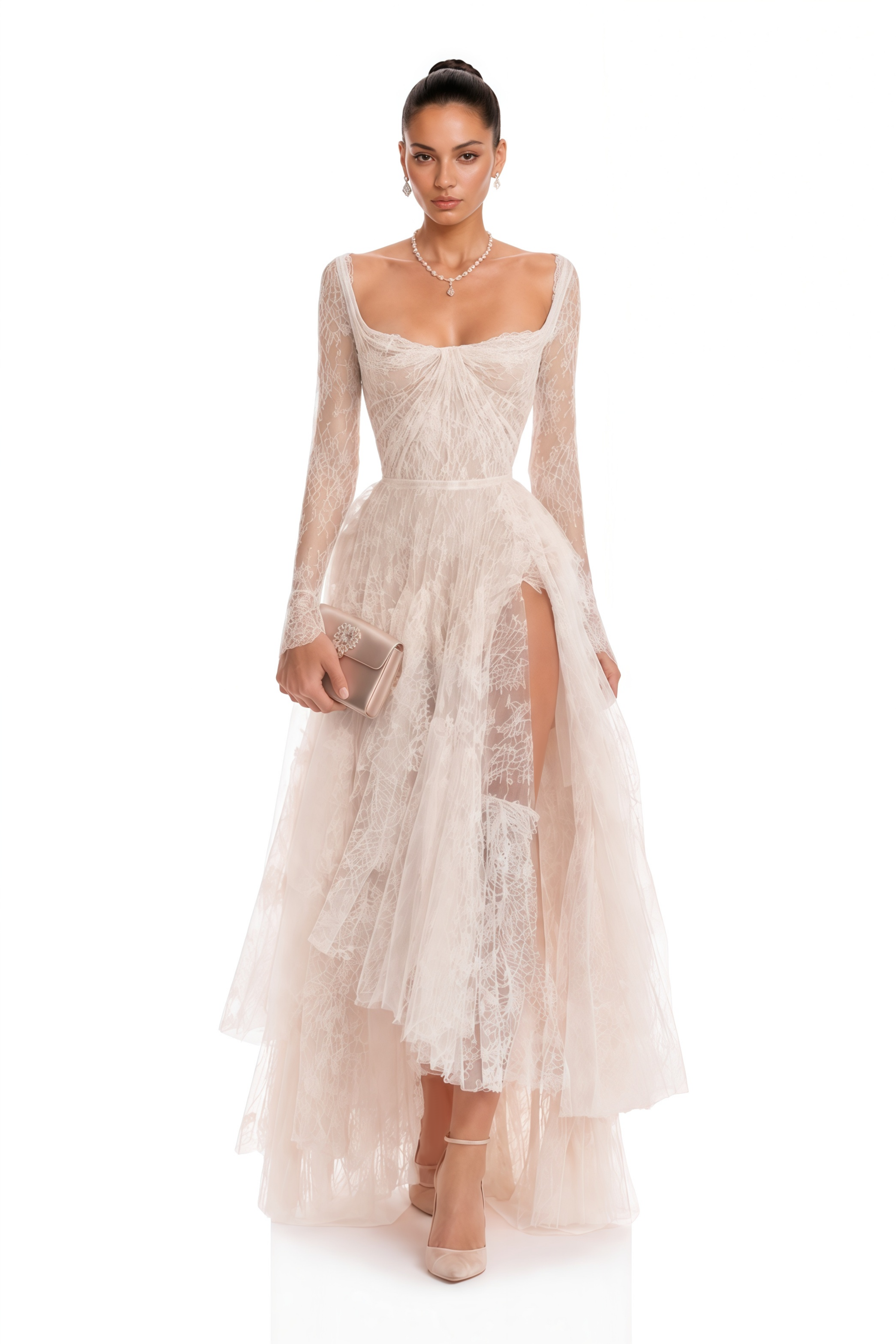 Off-white lace long-sleeve corset gown with high slit