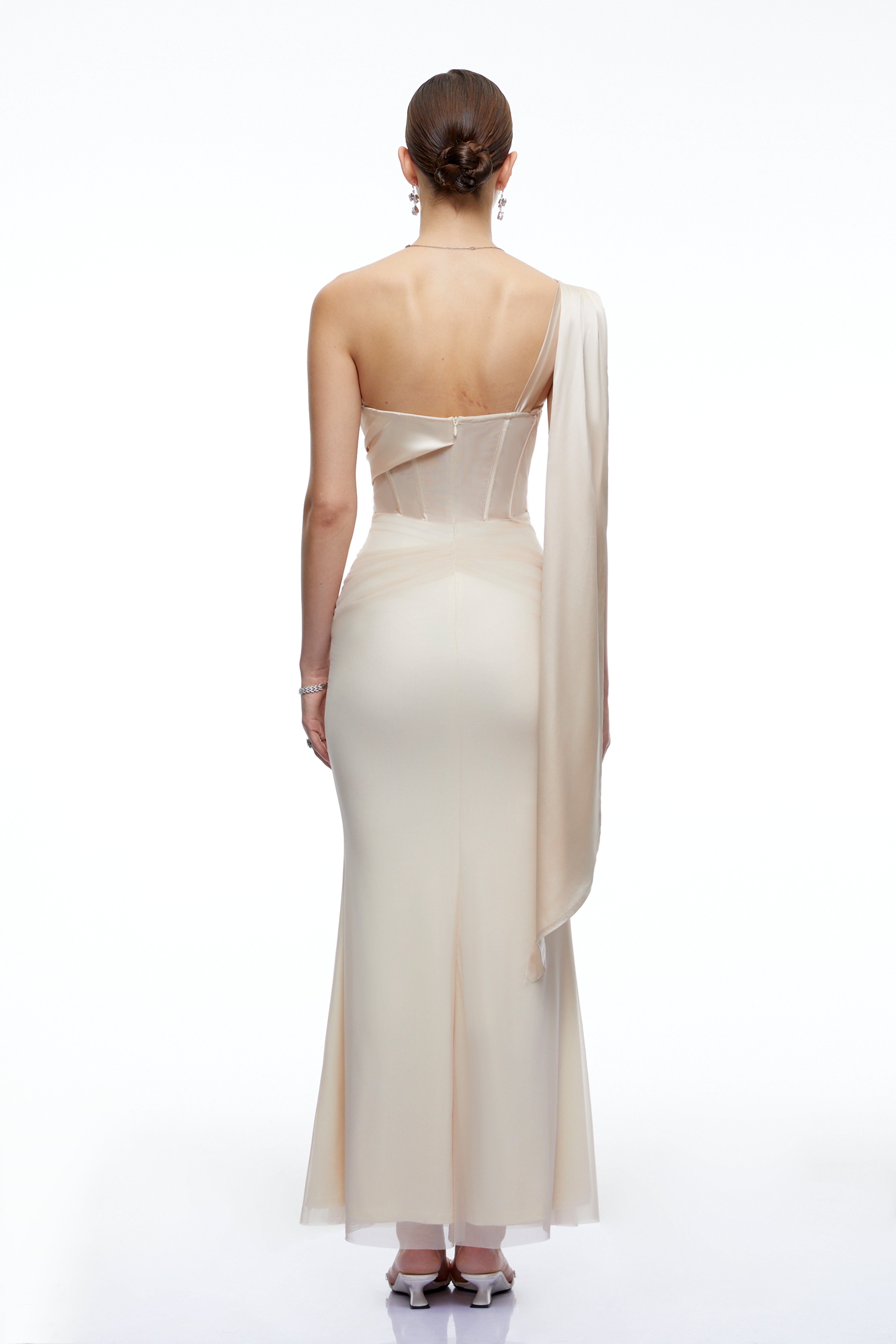 Acantha Neutral One Shoulder Maxi Dress with Floral Applique