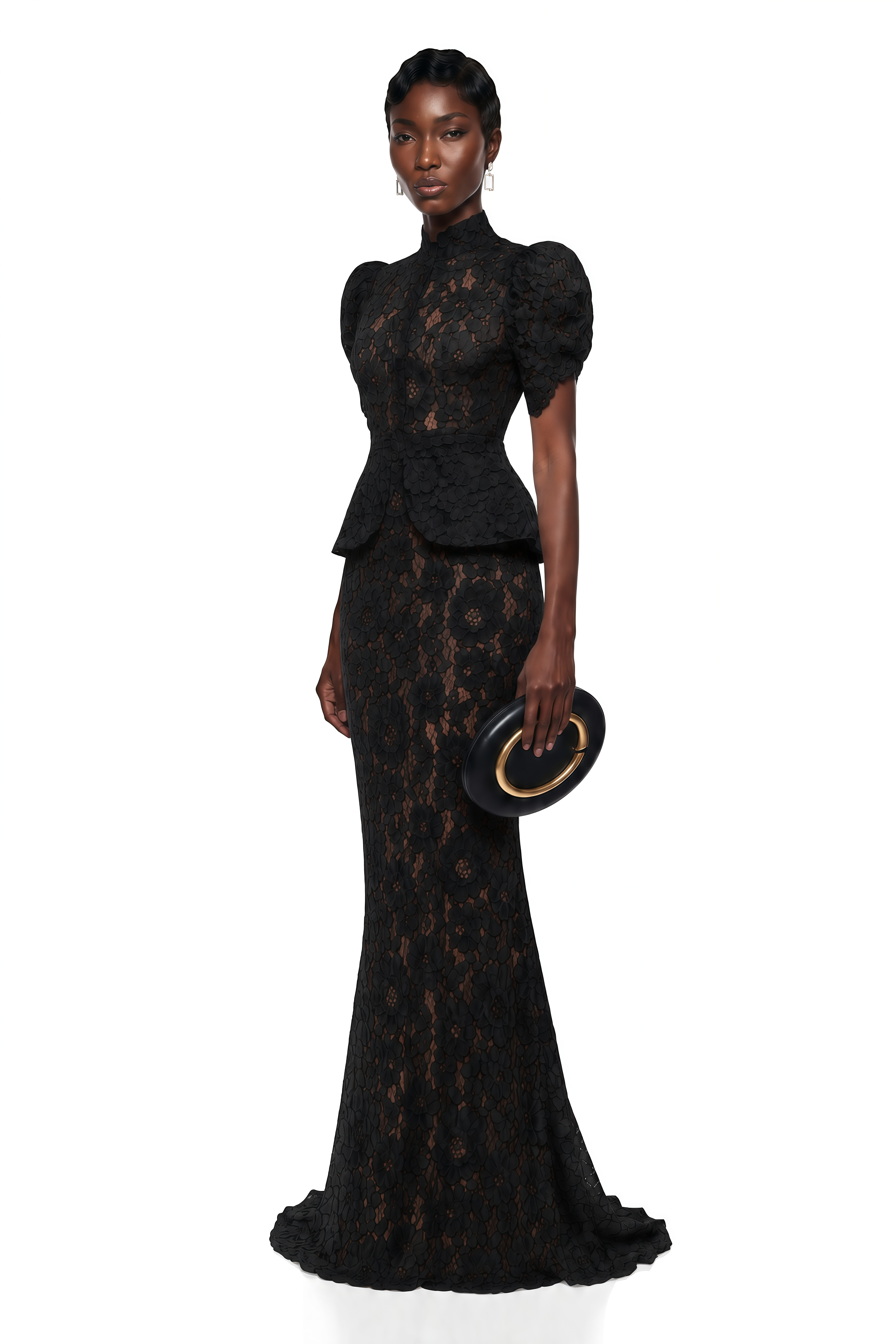 Adèle Black Short Sleeve Floral Blouse & Mermaid Skirt Set