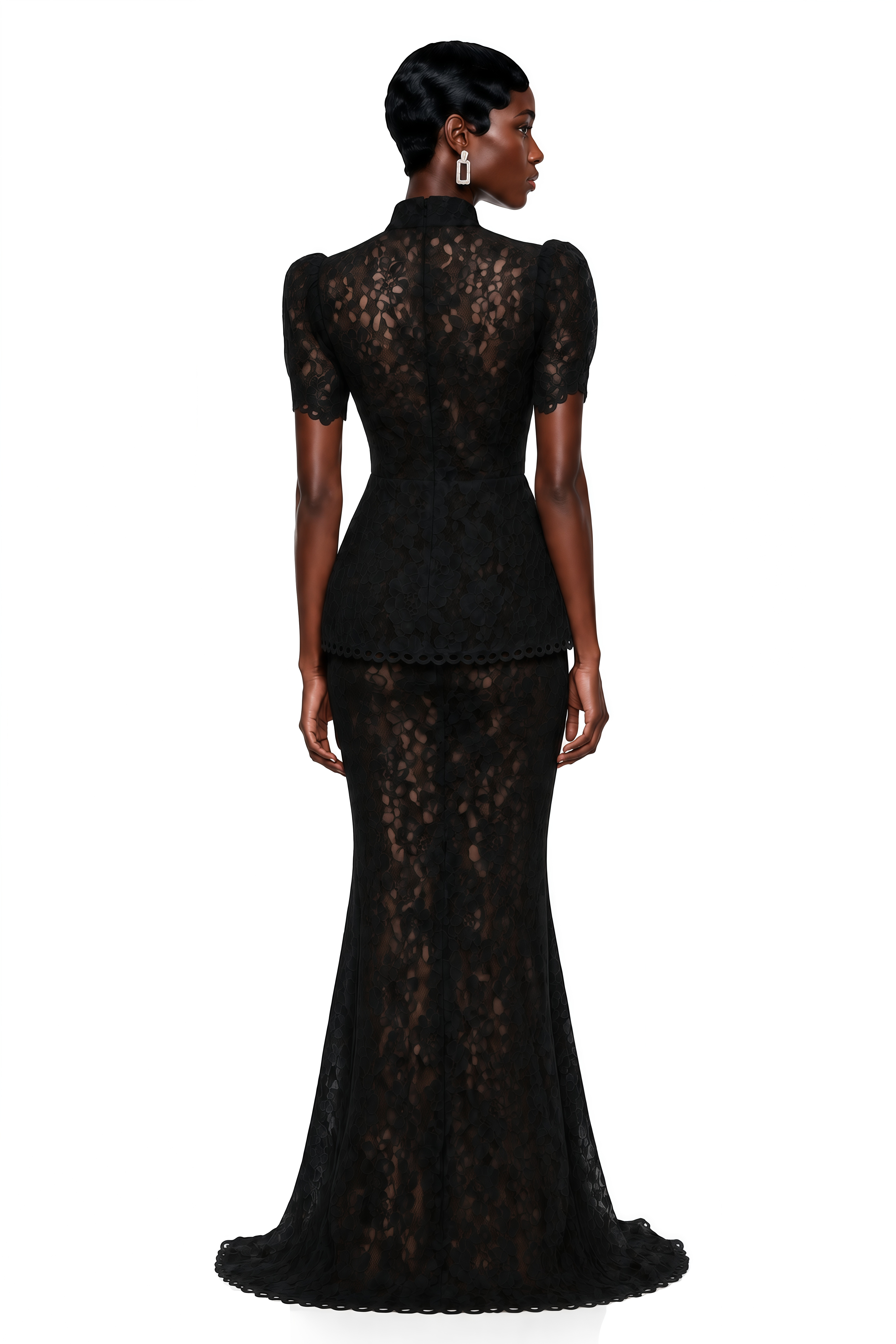 Adèle Black Short Sleeve Floral Blouse & Mermaid Skirt Set