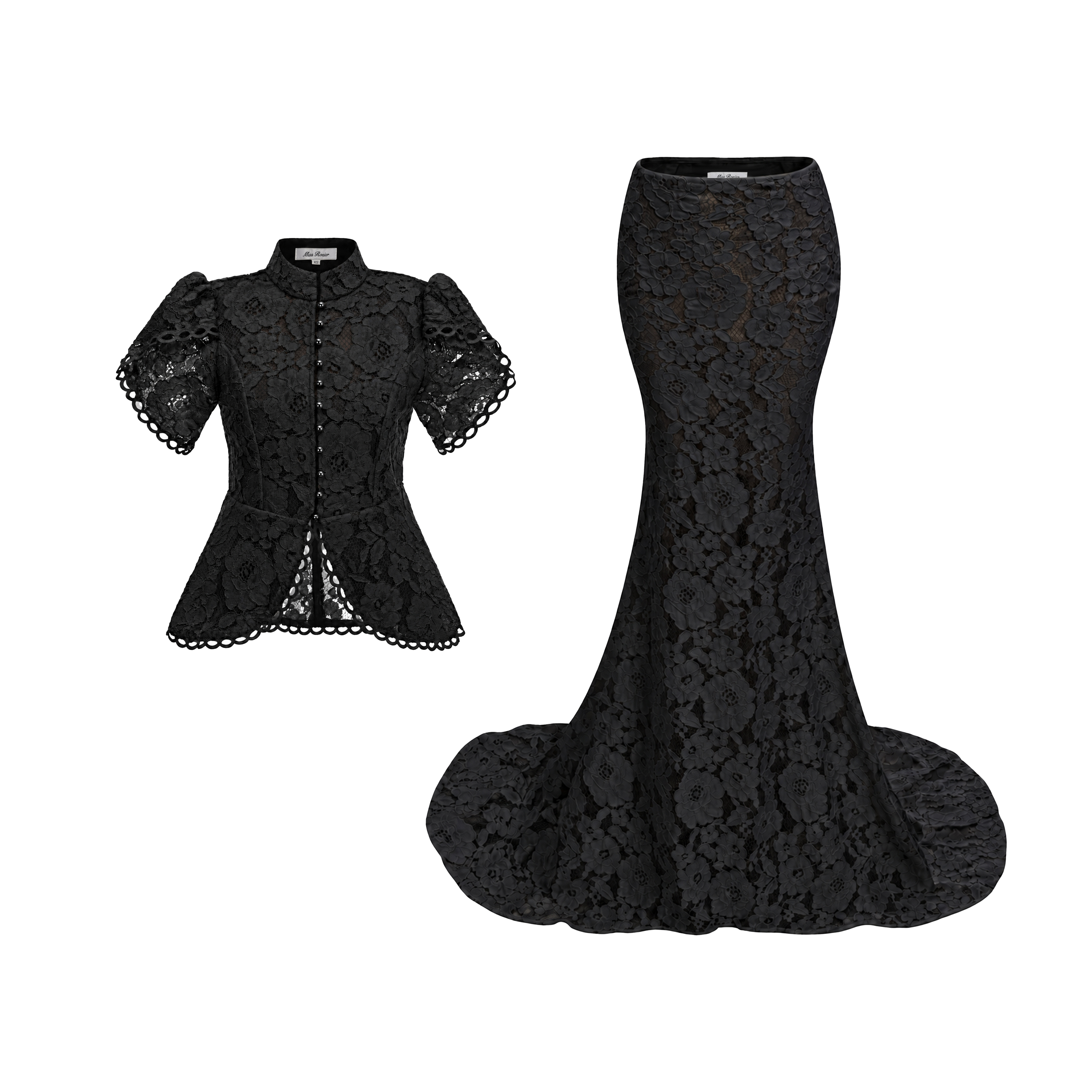 Adèle Black Short Sleeve Floral Blouse & Mermaid Skirt Set