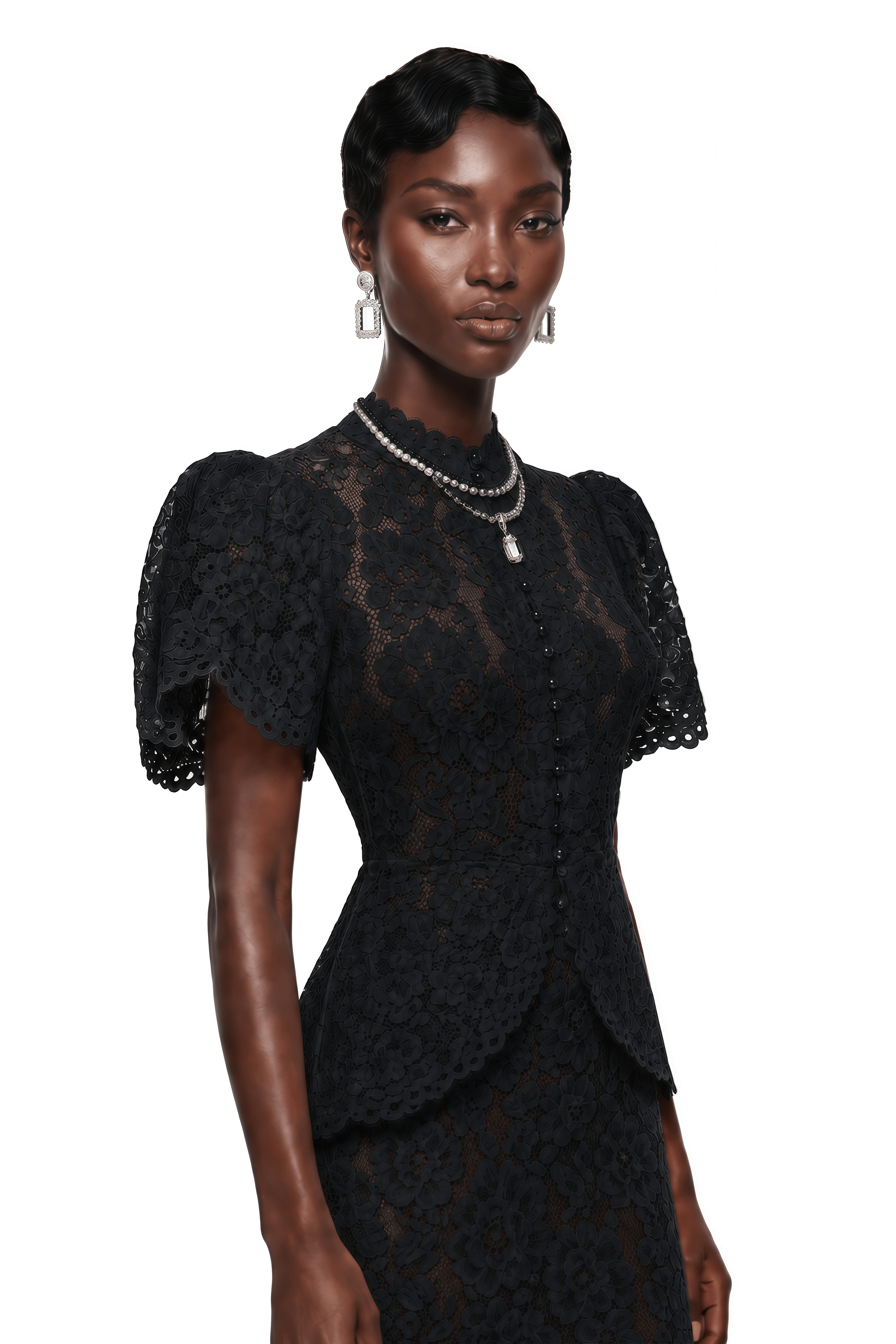 Adèle Black Short Sleeve Floral Blouse & Mermaid Skirt Set