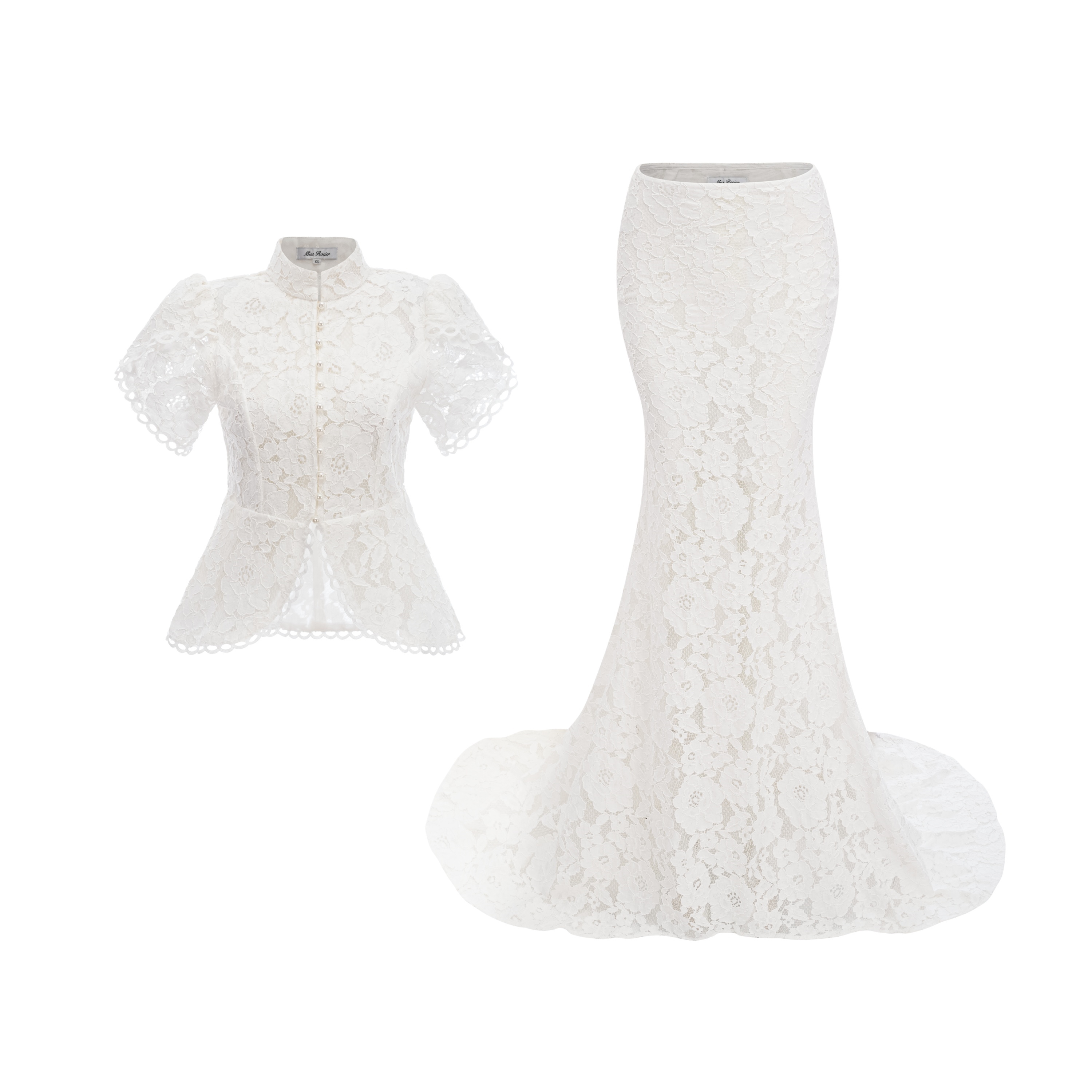 Adèle White Short Sleeve Floral Blouse & Mermaid Skirt Set
