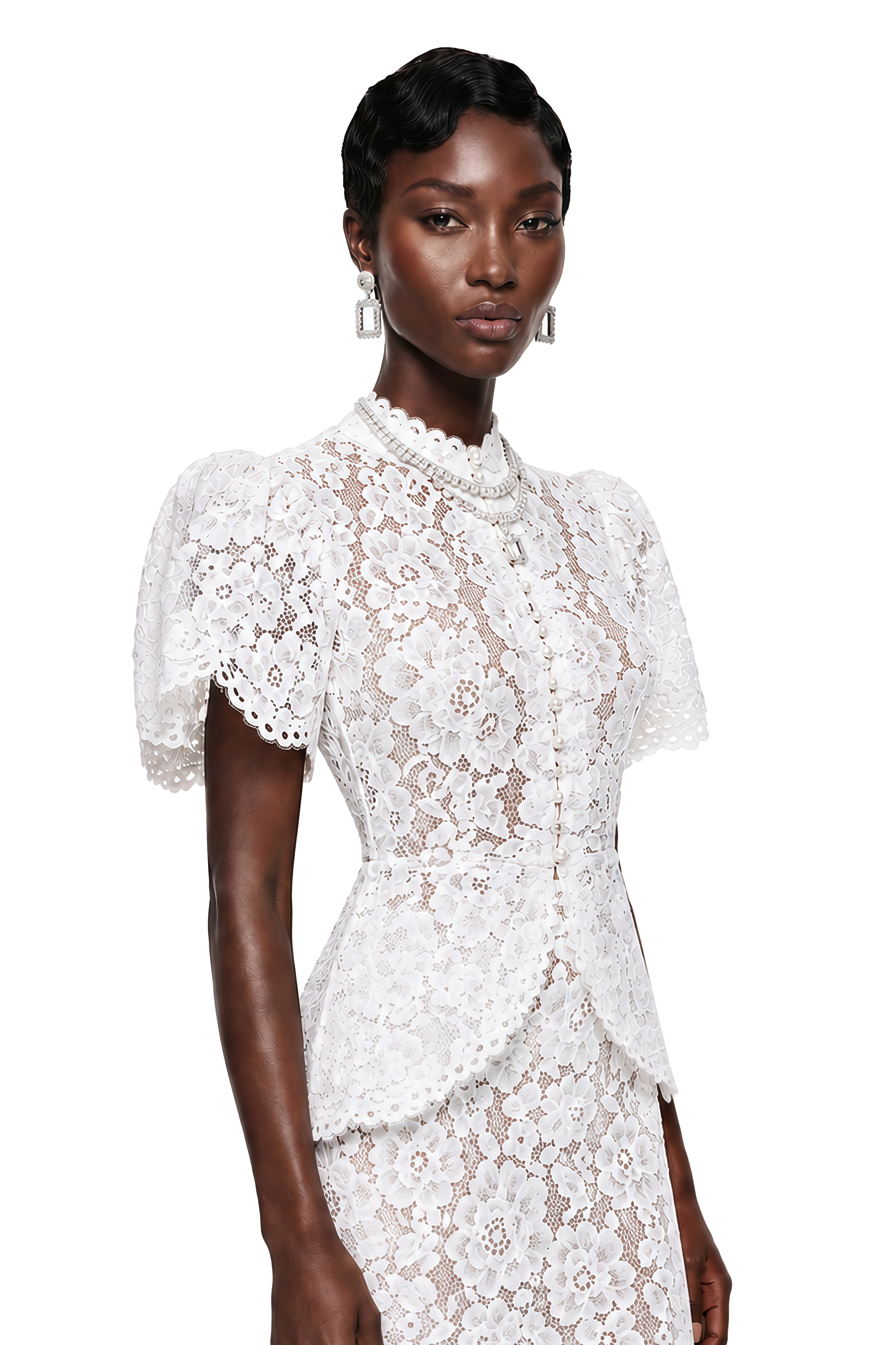 Adèle White Short Sleeve Floral Blouse & Mermaid Skirt Set
