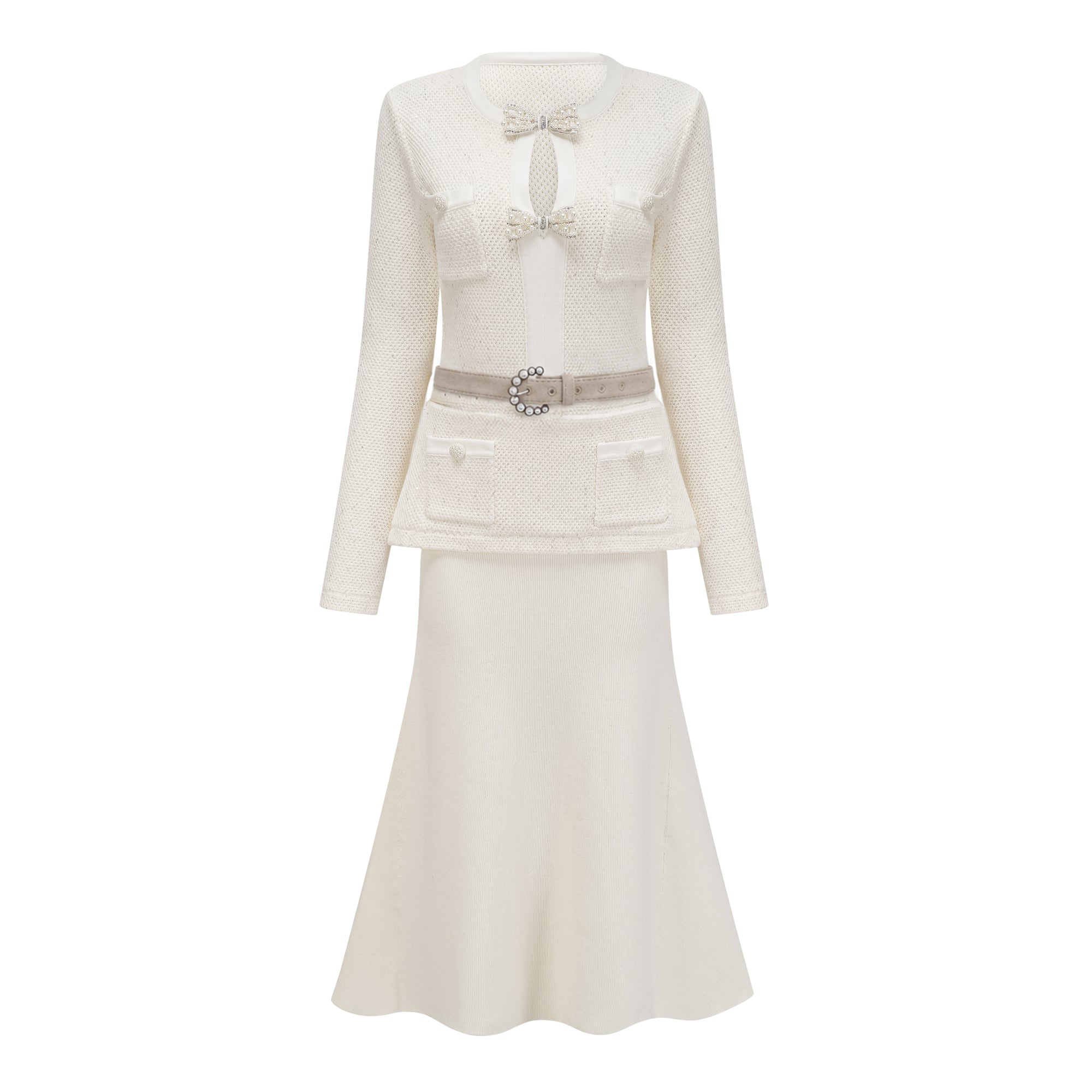 Adélade White Embellished Knit Midi Dress