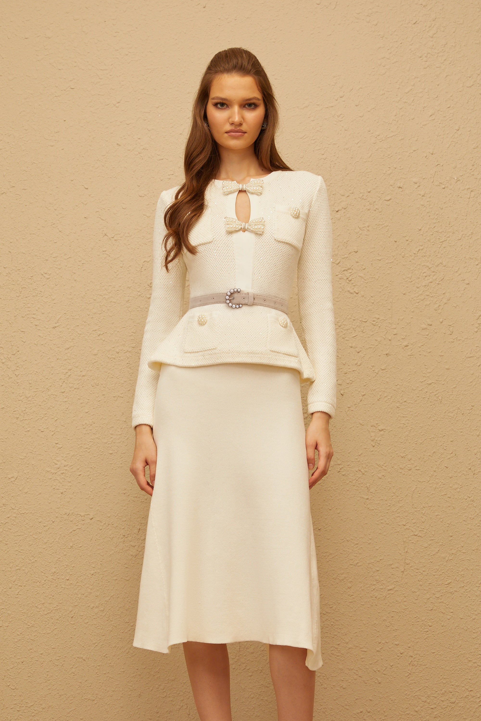 Adélade White Embellished Knit Midi Dress