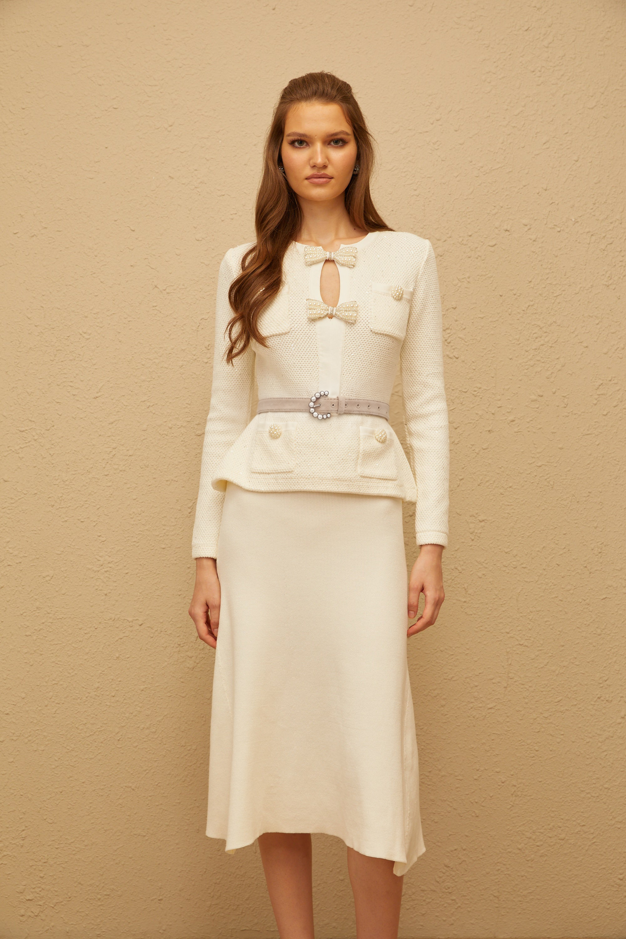 Adélade White Embellished Knit Midi Dress