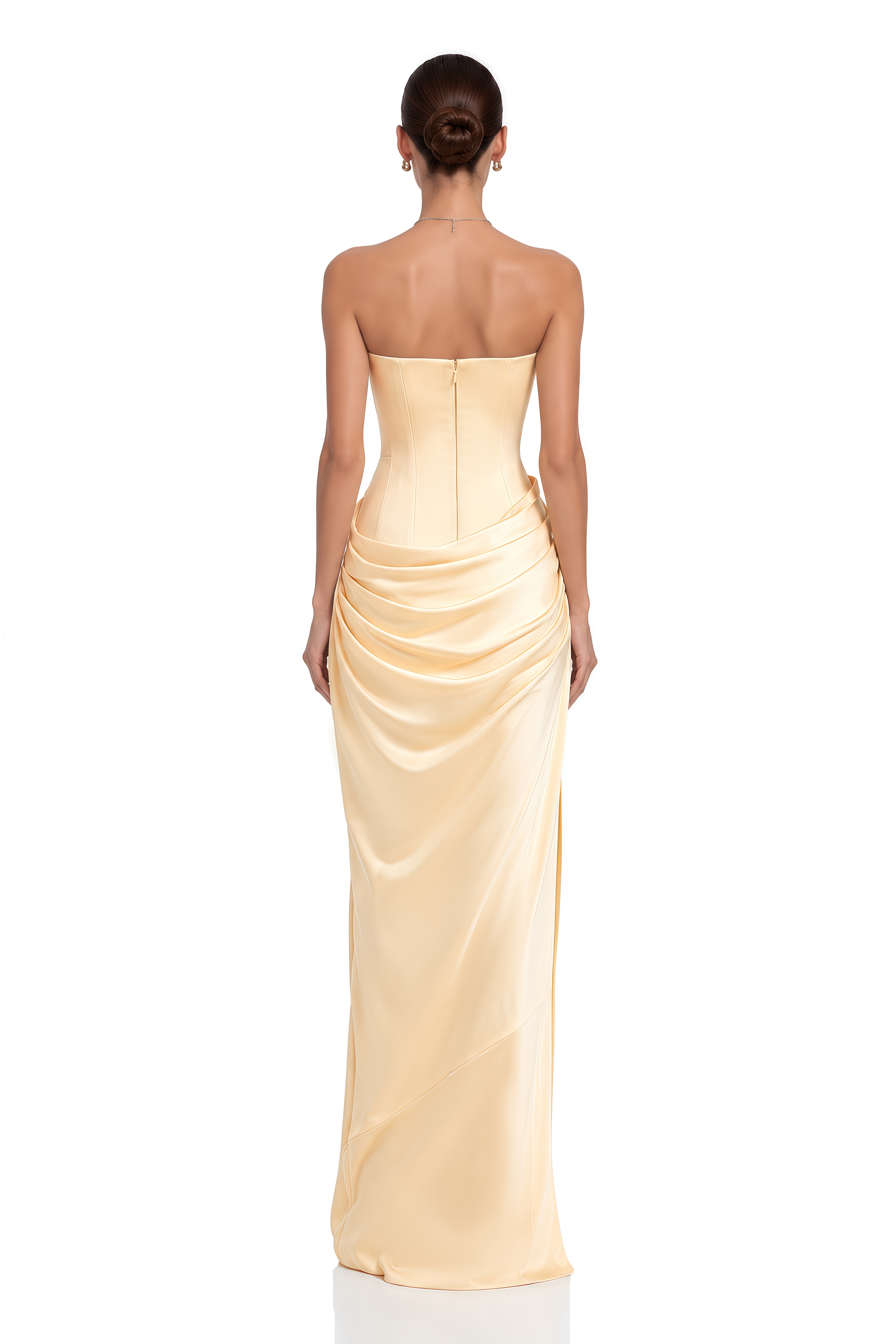 Adélade Yellow Ruched Satin Corset Maxi Dress