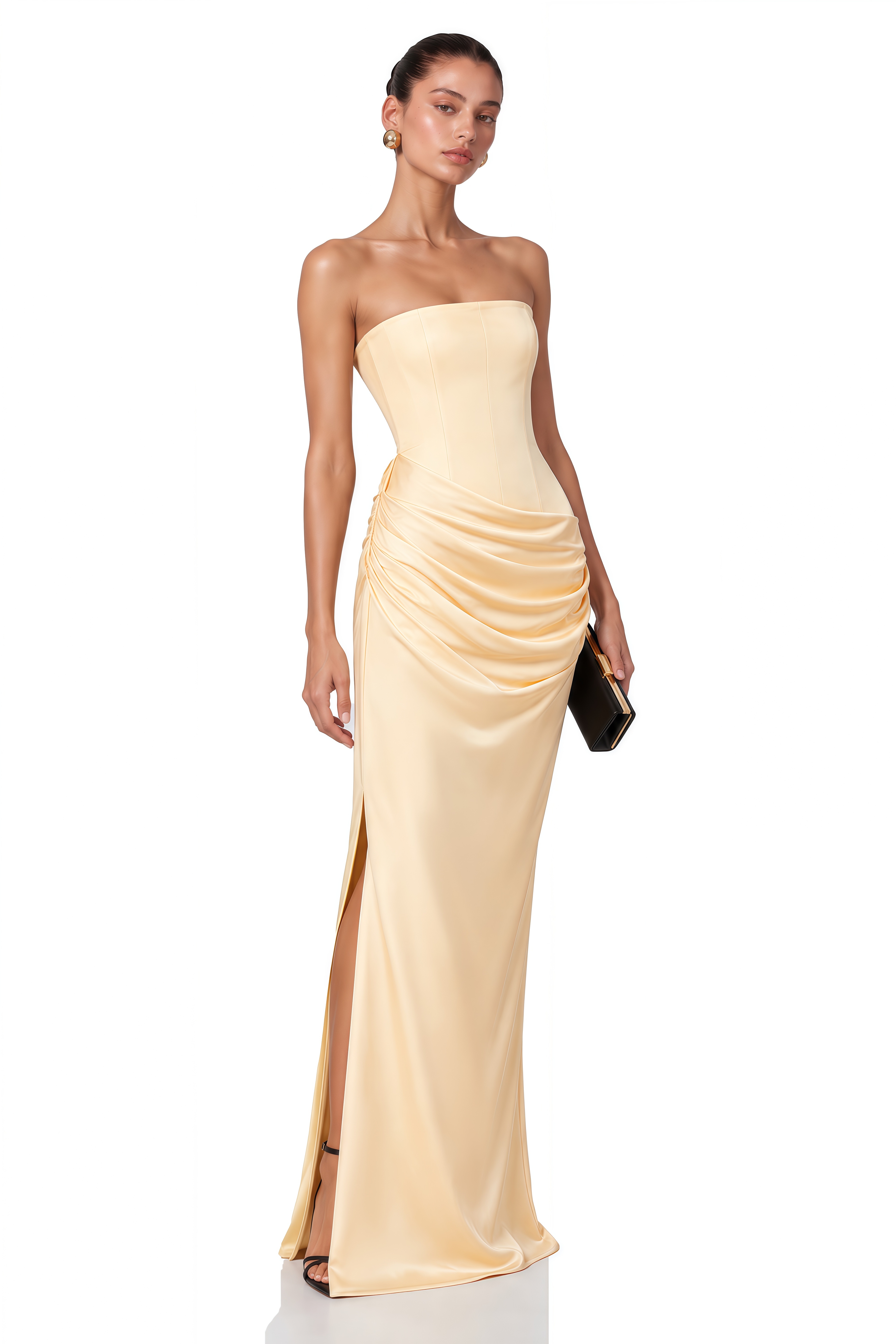 Adélade Yellow Ruched Satin Corset Maxi Dress