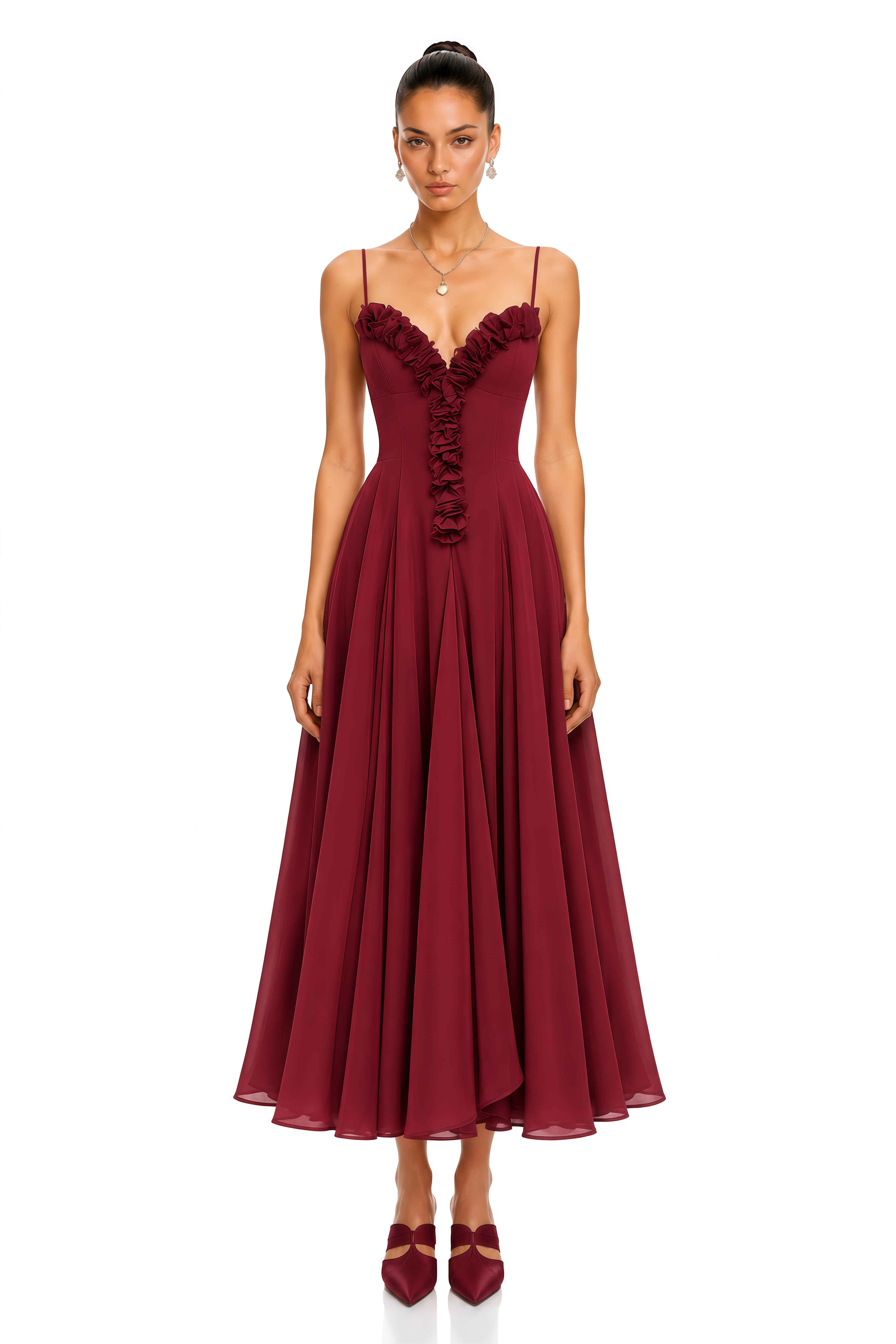 Adaeze Burgundy Ruffle Trim Corset Midi Dress