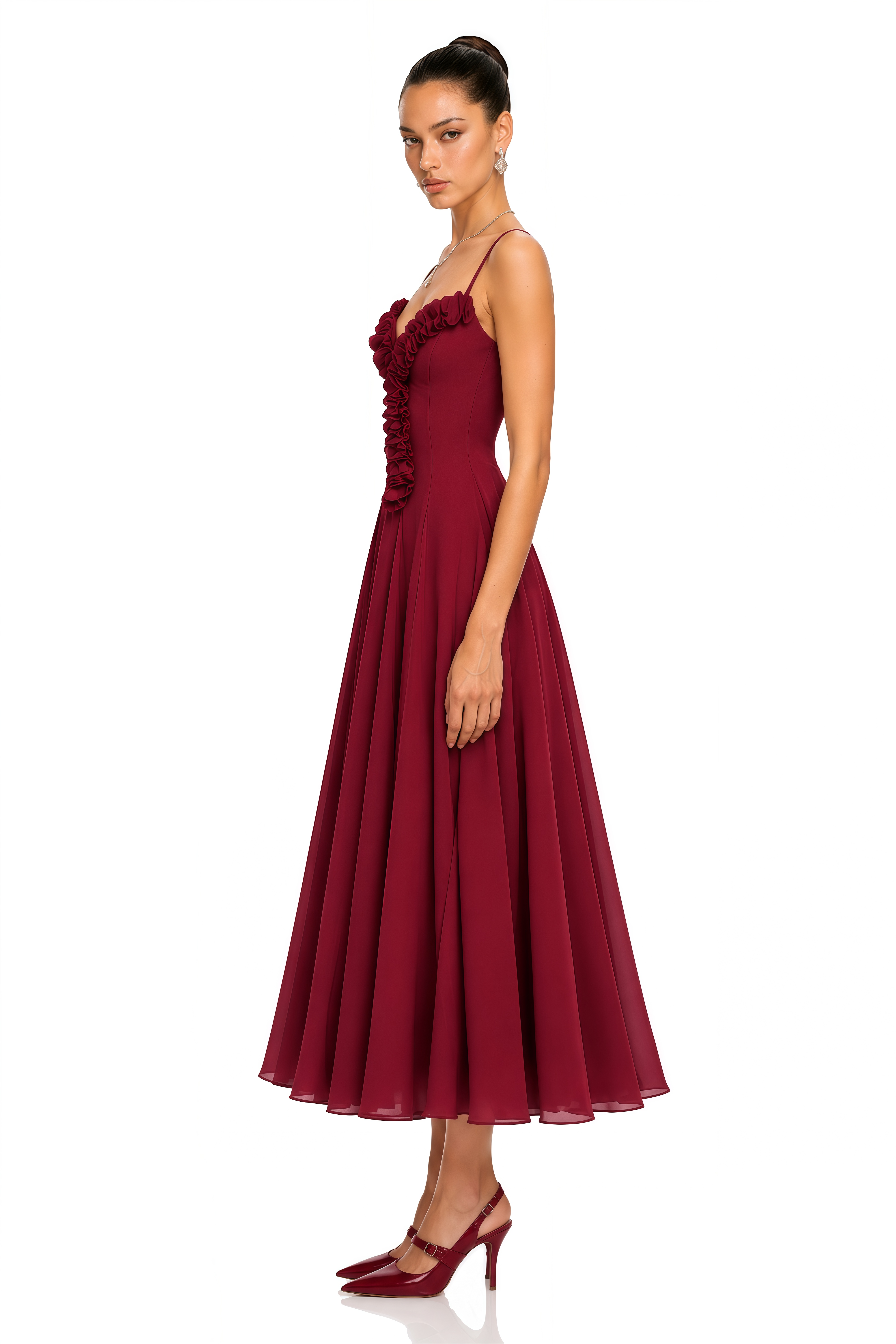 Adaeze Burgundy Ruffle Trim Corset Midi Dress