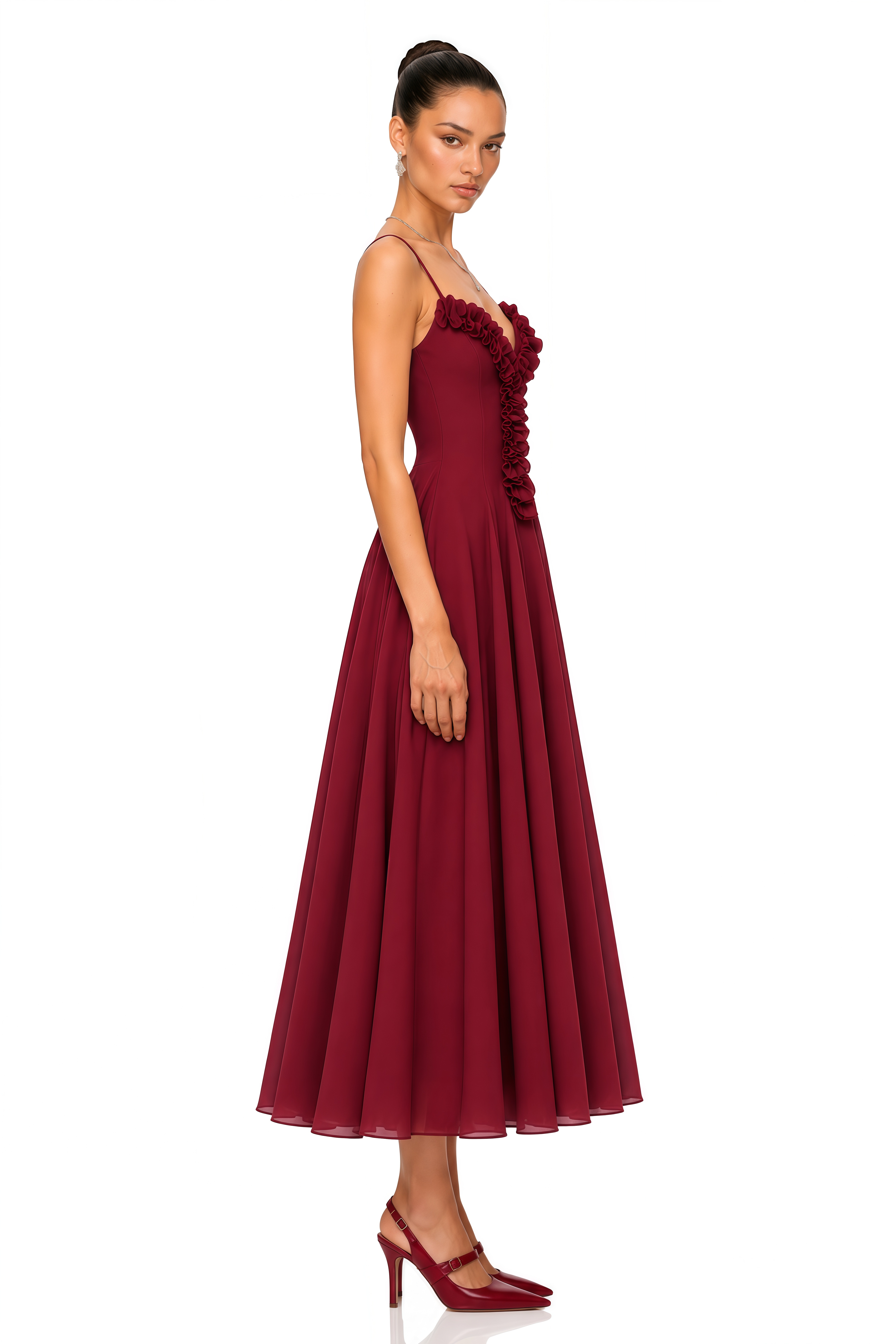 Adaeze Burgundy Ruffle Trim Corset Midi Dress